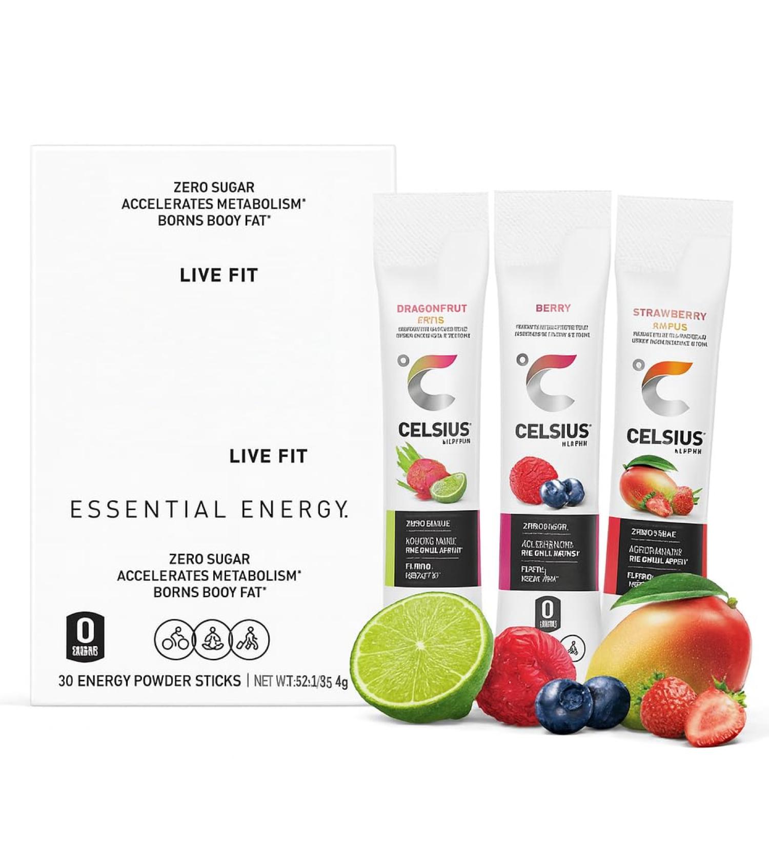 Essential Energy Powder Sticks Variety Pack Dragon Fruit Lime Berry Strawberry & Mango 50 Sticks Natural Caffeine Green Tea EGCG Guarana 7 Vitamins No Aspartame 10 Calories - Buy Online on GoSupps.com