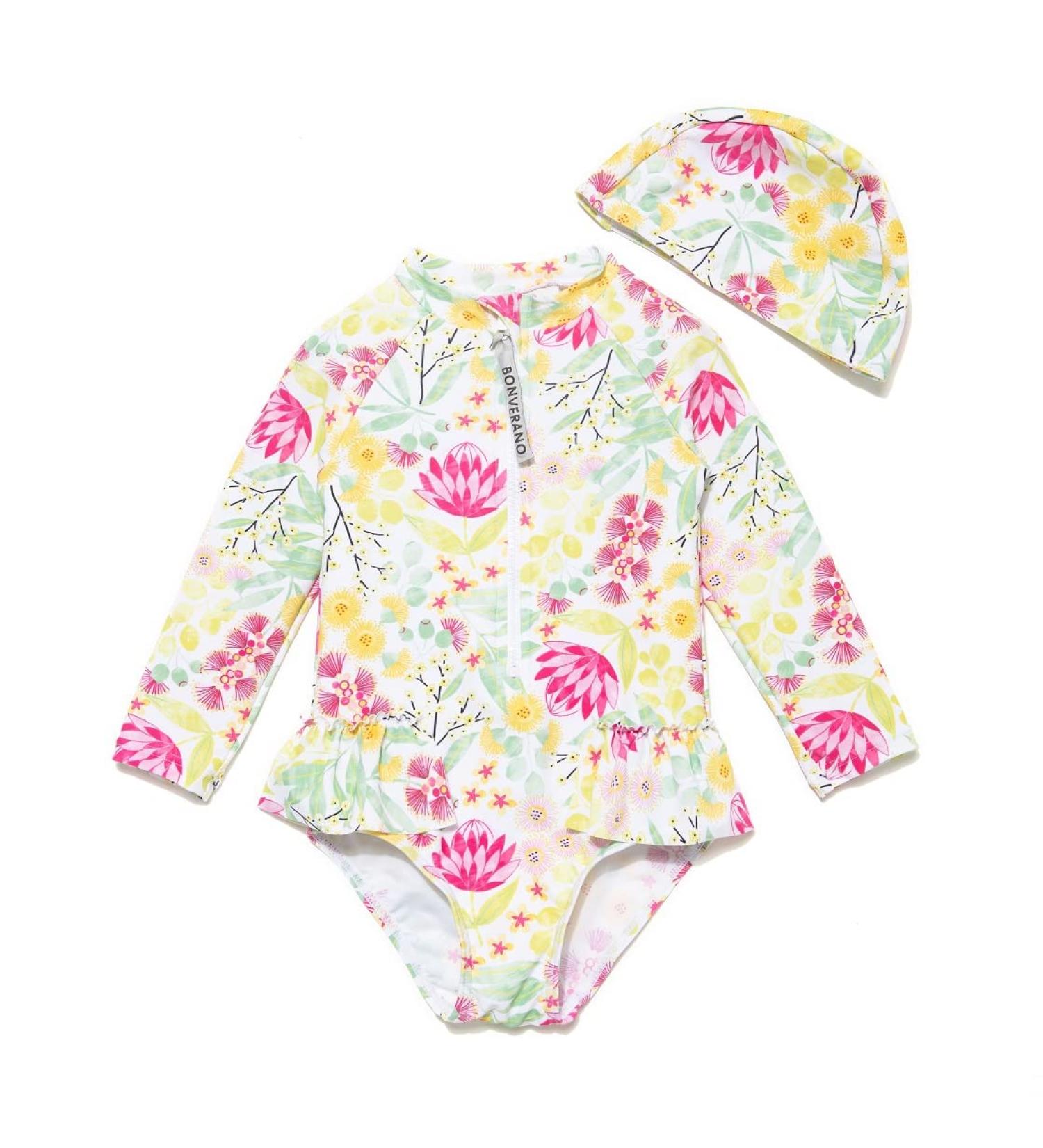 BONVERANO Baby Girls Swimsuit | Toddler Bathing Suit UPF 50+ Sun Protection | Long-Sleeve Zipper One Piece Swimwear | 2-3 Years Lotus - Buy Online on GoSupps.com