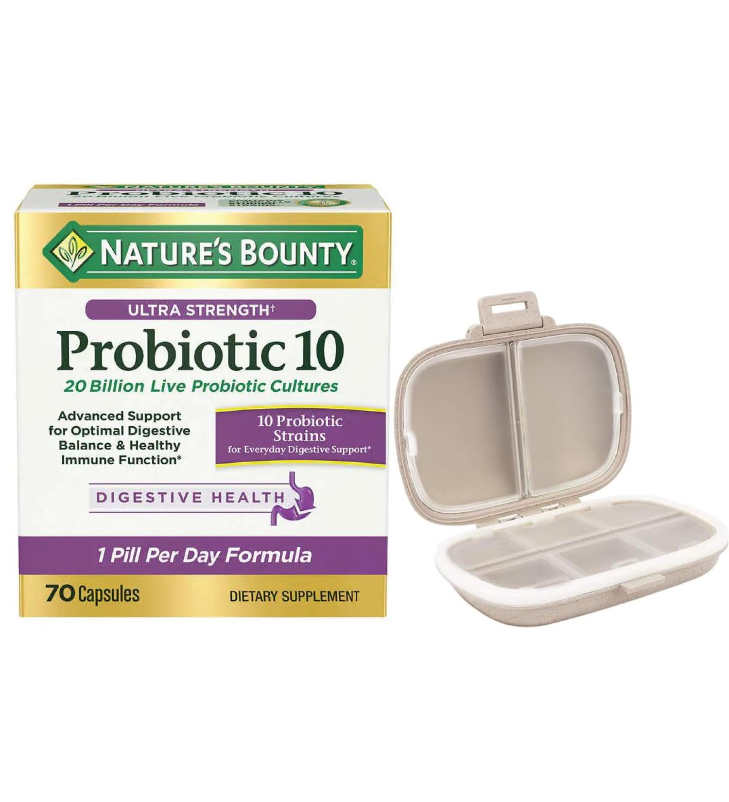 Natures Bounty Ultra Strength Probiotic 10 - 70 Capsules Bundle with Travel Pill Organizer | Portable 8 Compartment Case in Khaki - Shop Now - Buy Online on GoSupps.com