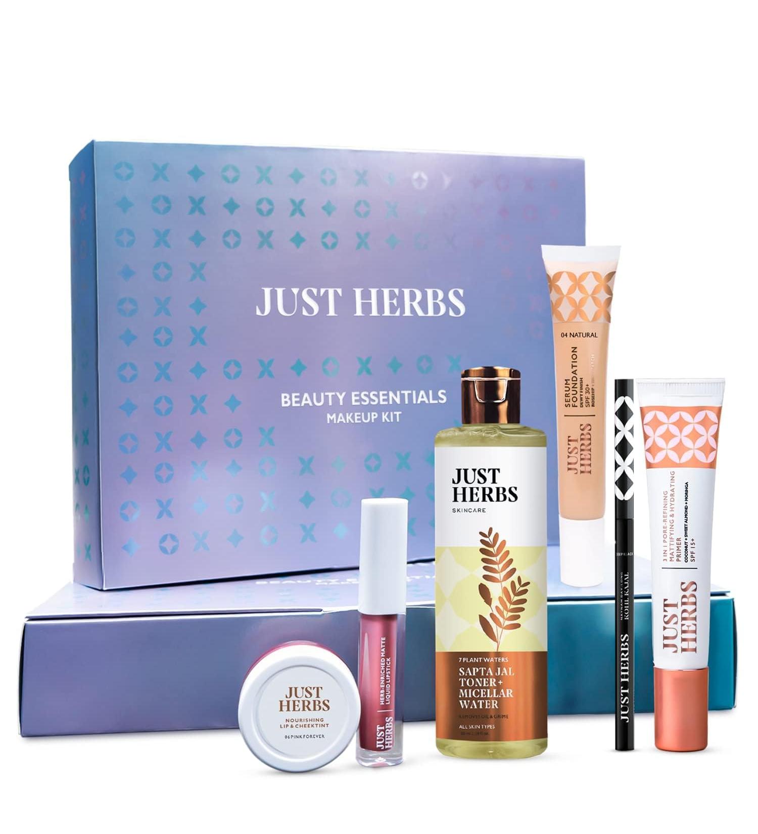 Jus-t Herb-s Makeup Kit for Women | Kohl Kajal 3-in-1 Primer Liquid Lipstick Serum Foundation SPF Toner & Lip & Cheek Tint Gift Set - International Shipping Available - Buy Online on GoSupps.com