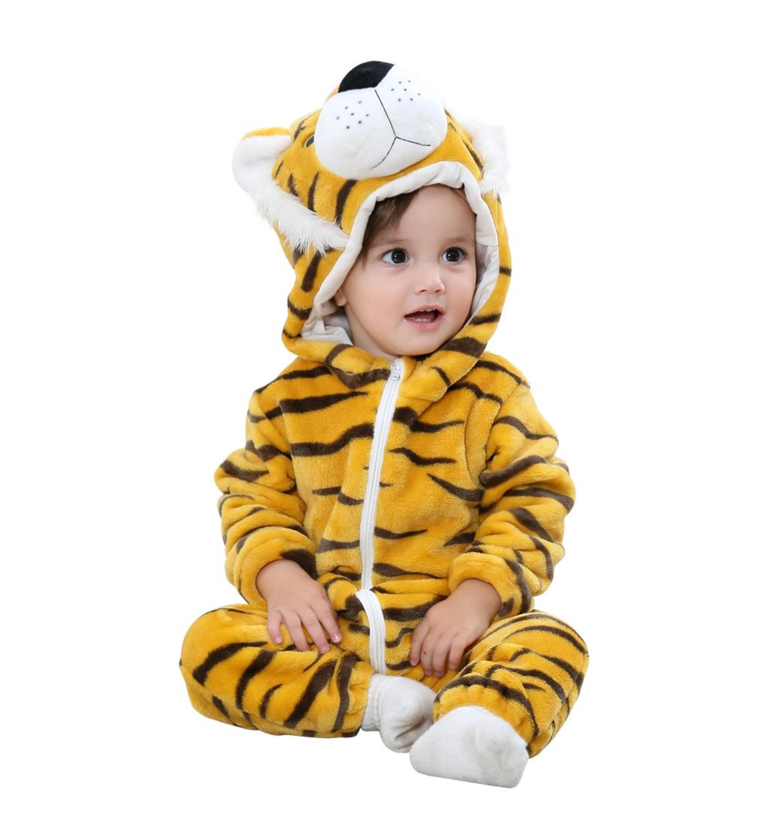 COOKY.D Baby Hooded Rompers | Winter Flannel Jumpsuit Pajamas | 12-18 Months | Tiger Design - Buy Online on GoSupps.com