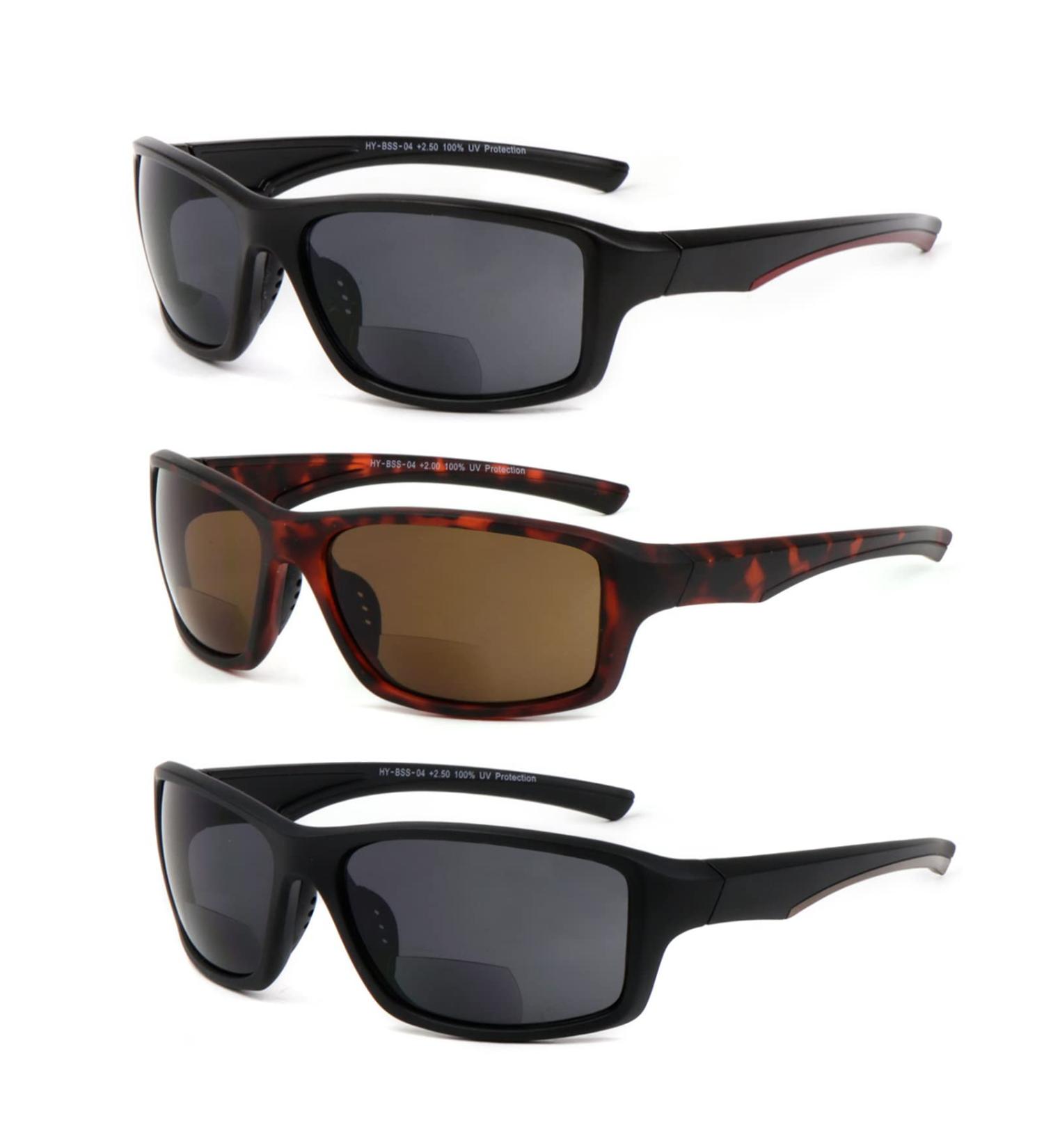 3 Pairs Square Bifocal Sunglasses for Men & Women - UV Protection Outdoor Sporty Sun Readers | Black Brown Red & Tortoise - Buy Online on GoSupps.com