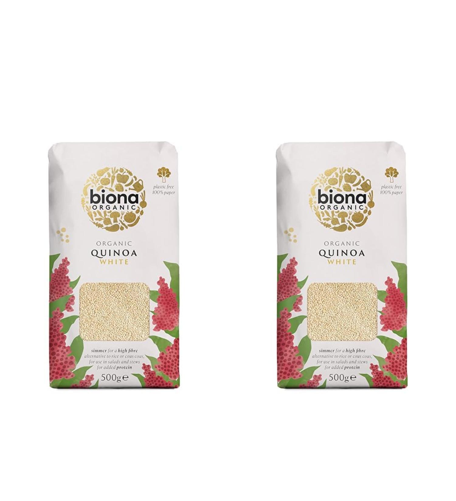 Biona Organic White Quinoa 500g - Organically Grown Without GMOs -Wheat-free Alternative - Naturally Vegan & High in Fibre - Sustainable 100% Recyclable Paper Packaging -For Salads Stews and Cooking Pack of 2 - Buy Online on GoSupps.com