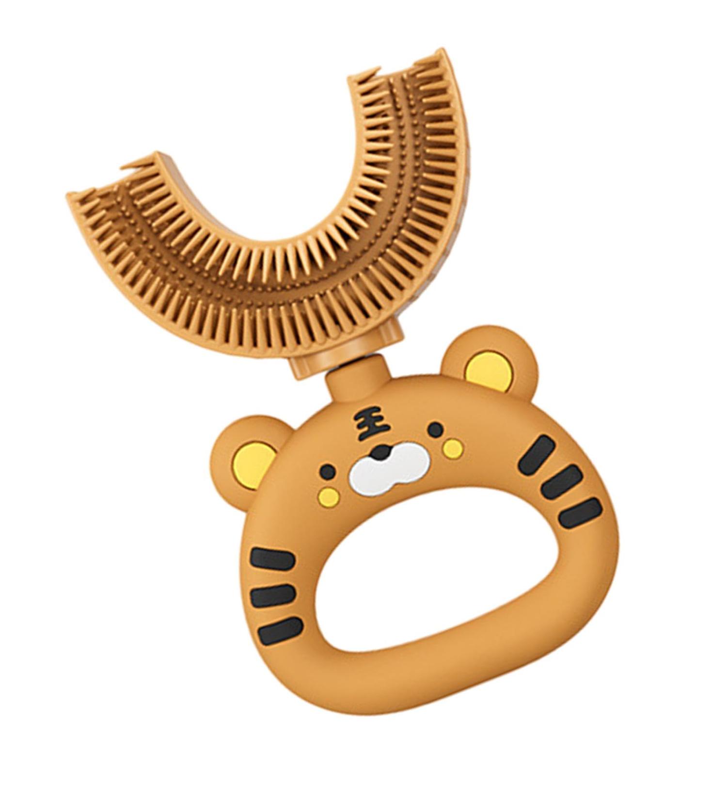 U-Shaped Toothbrush for Kids - Cartoon Tiger Design | Soft Silicone 360 Manual Toothbrush | Gentle Mouth Cleaning - Yellow (1 Pack) - Buy Online on GoSupps.com