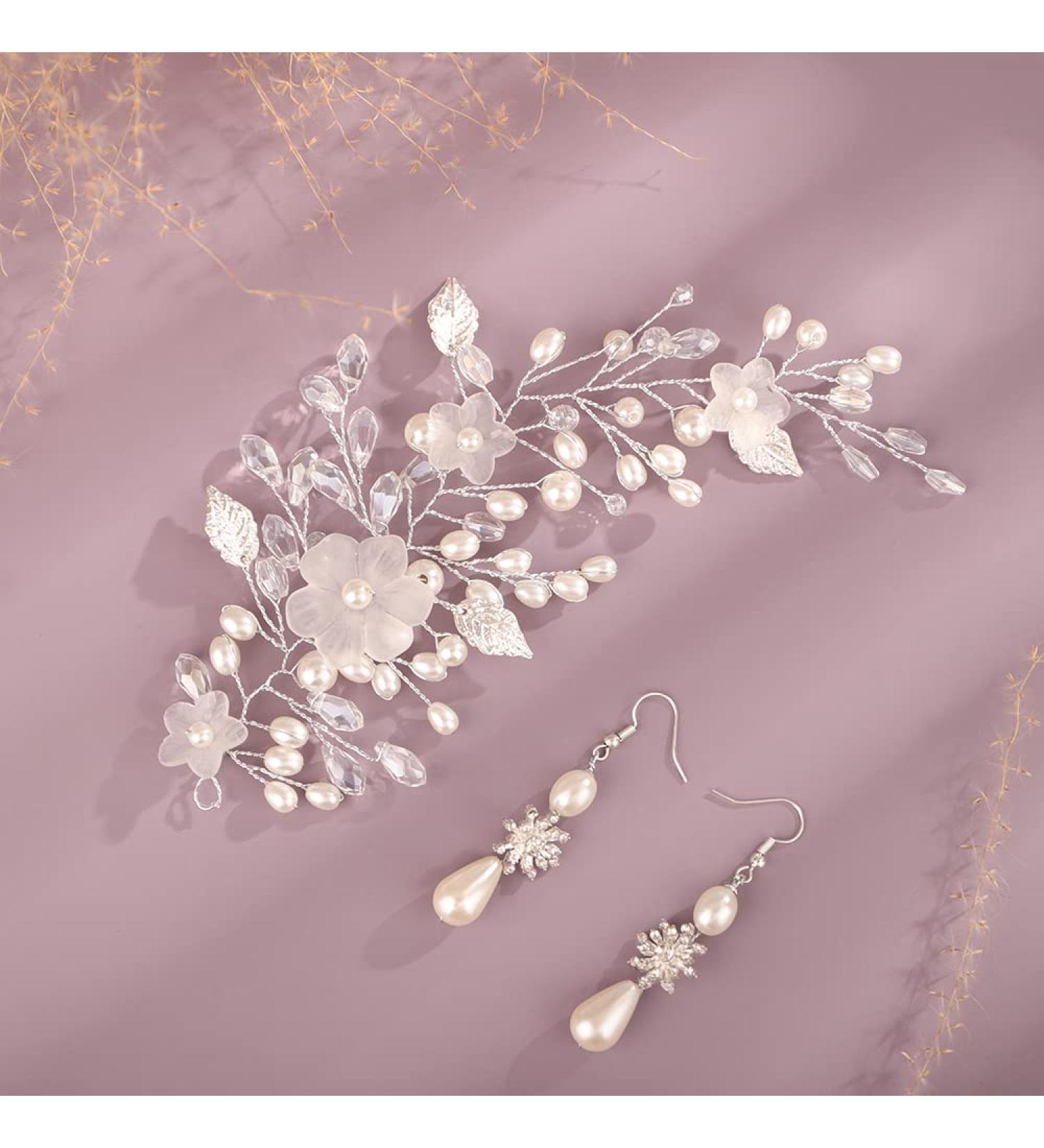 Kercisbeauty Silver Flower Leaf Pearl Headband and Earrings Set for Wedding Brides Bridesmaid Women Girls Prom Hair Accessories Set - Buy Online on GoSupps.com
