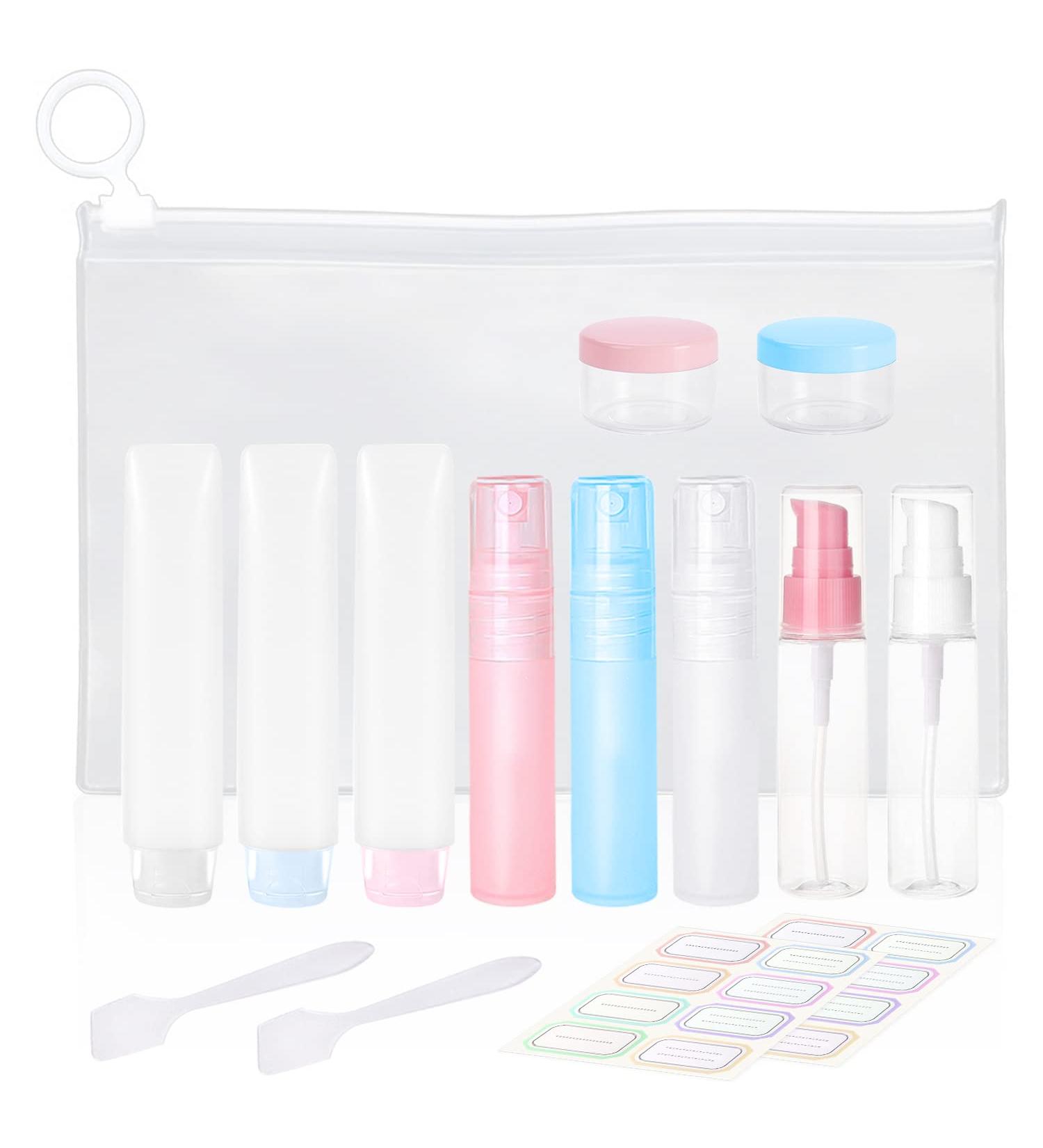 12-Piece Travel Bottle Set with 2 sheets Label Stickers 1-Piece Toiletry Bag Hose Squeeze Bottle Spray Bottle Refillable Liquid Container for Toiletries Cosmetics - Buy Online on GoSupps.com