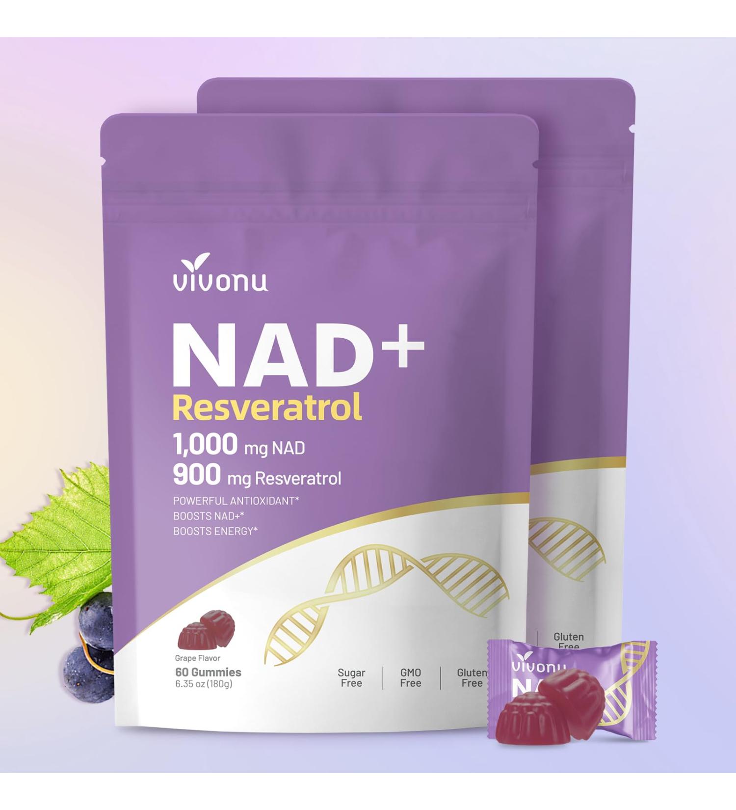 NAD Supplement NAD+ Resveratrol Gummies 60 Count Ultra Pure Organic - Enhanced Absorption - with 1000mg NAD and 900mg Resveratrol | Antioxidant Support & Cellular Energy (120 Gummies /2 Bags) - Buy Online on GoSupps.com