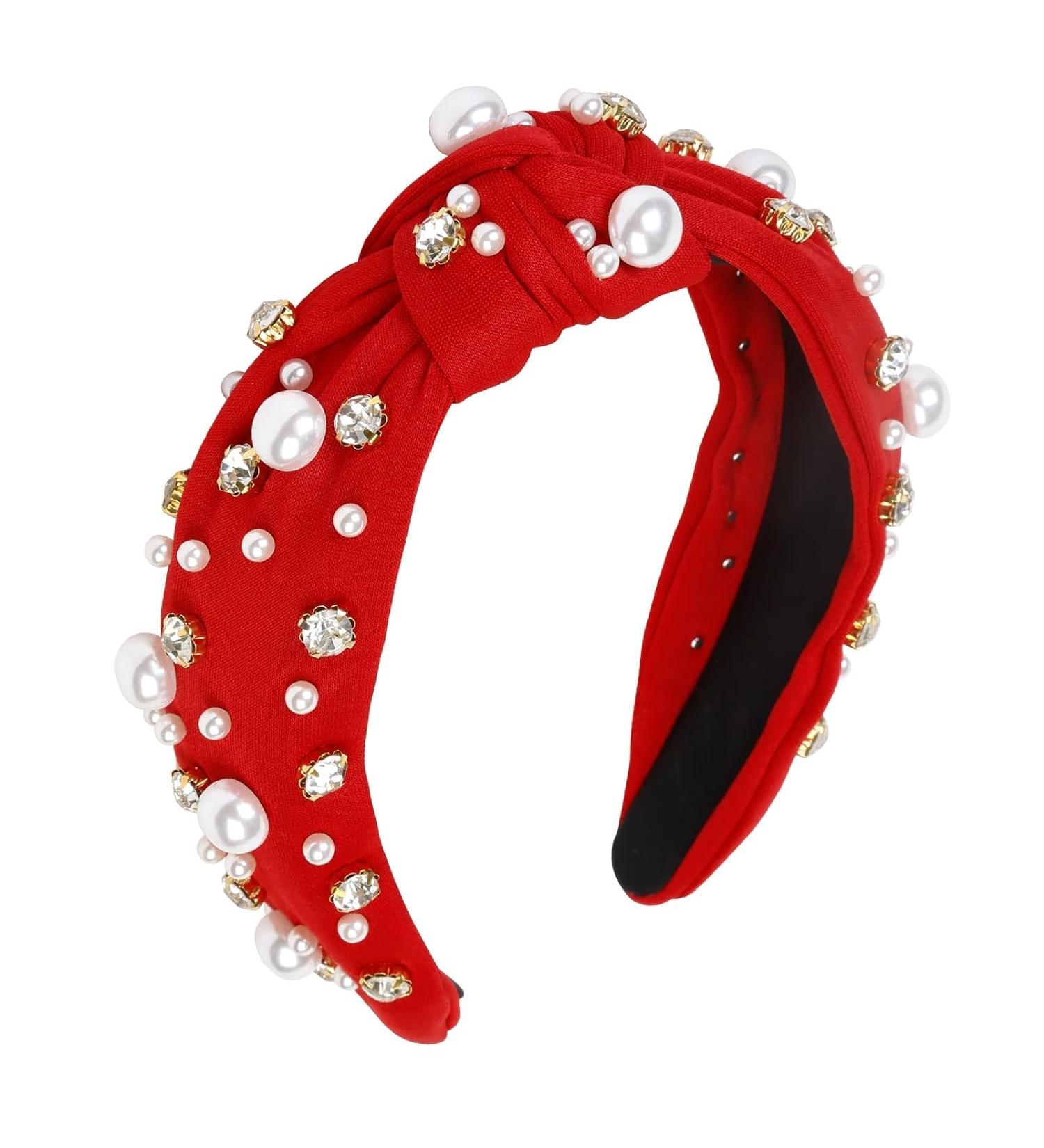 Knotted Headbands with White Pearl Rhinestone Fashion Elegant Ladies Wide Top Knot Hair Bands Rhinestone Hairband Wide Headband Hair Hoop for Woman Girl (Red) - Buy Online on GoSupps.com