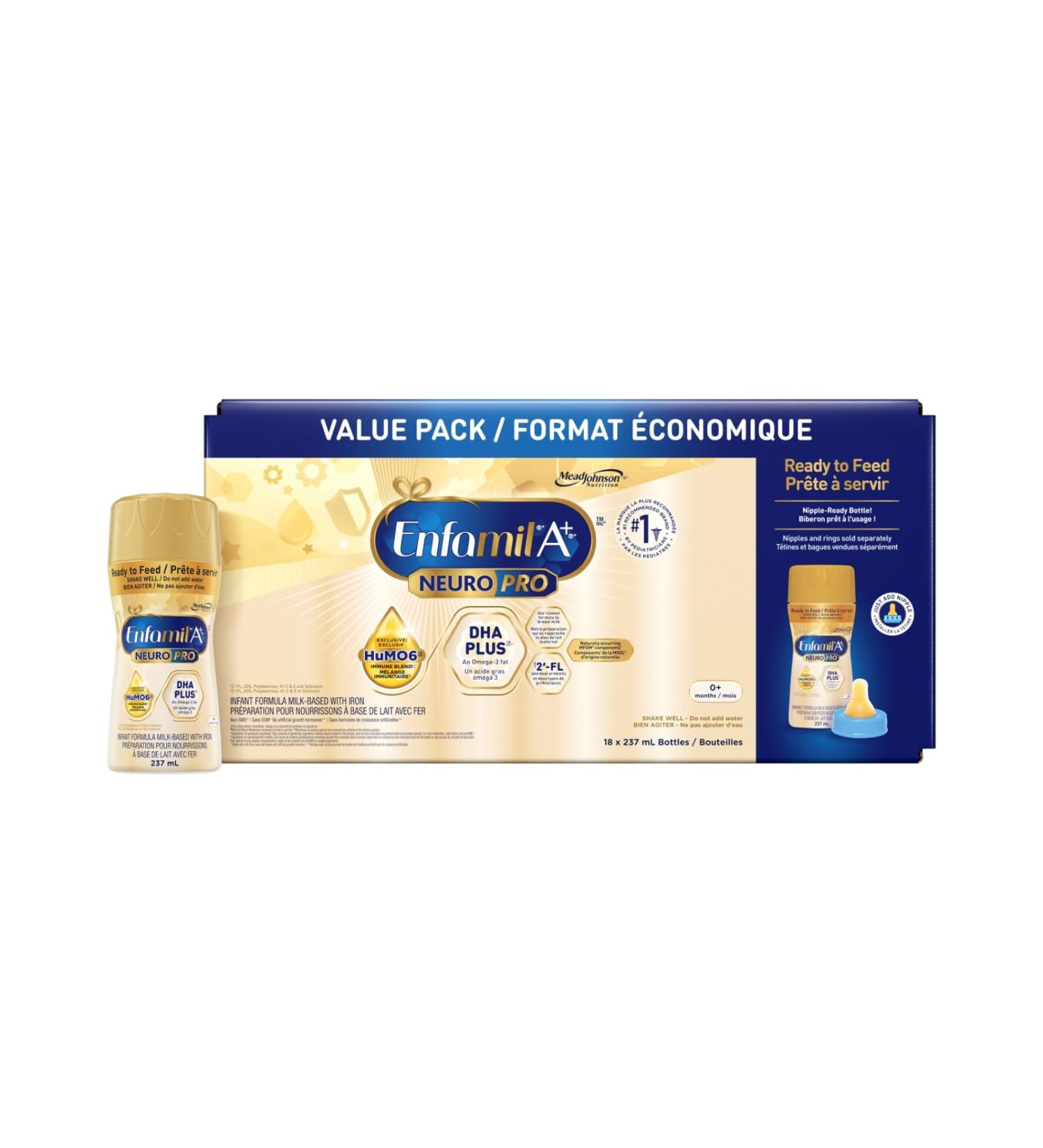 Enfamil A+ NeuroPro Ready to Feed Baby Formula Nipple Ready Bottles with an expert-recommended level of DHA* with our exclusive blend including 2 FL for immune support 0 - 12 months 18ct x 237mL - Buy Online on GoSupps.com