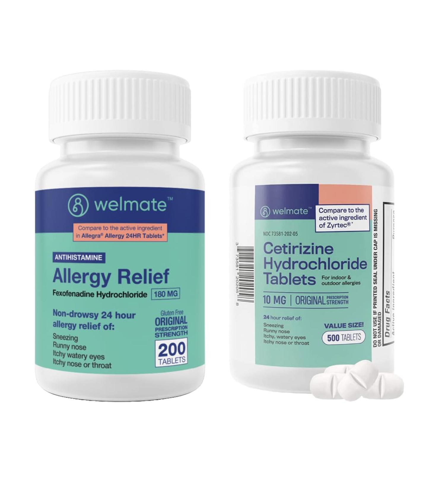 WELMATE Comprehensive Allergy Relief Pack: Fexofenadine HCl 180mg (200 Ct) & Cetirizine HCl 10mg (500 Ct) | Extended 24hr Allergy Defense - Buy Online on GoSupps.com