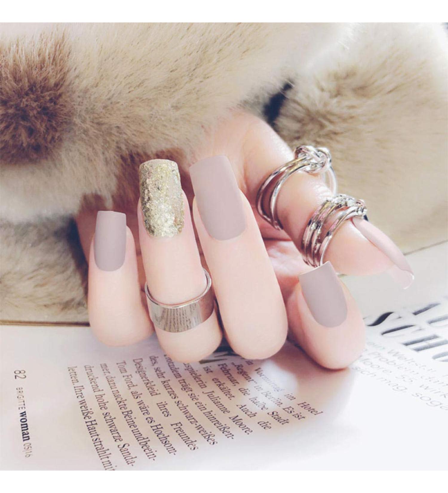 Buy Hujl 24-Piece Matte Artificial Nails Set | Gold-Pressed Nail Art Stickers - International Shipping - Buy Online on GoSupps.com