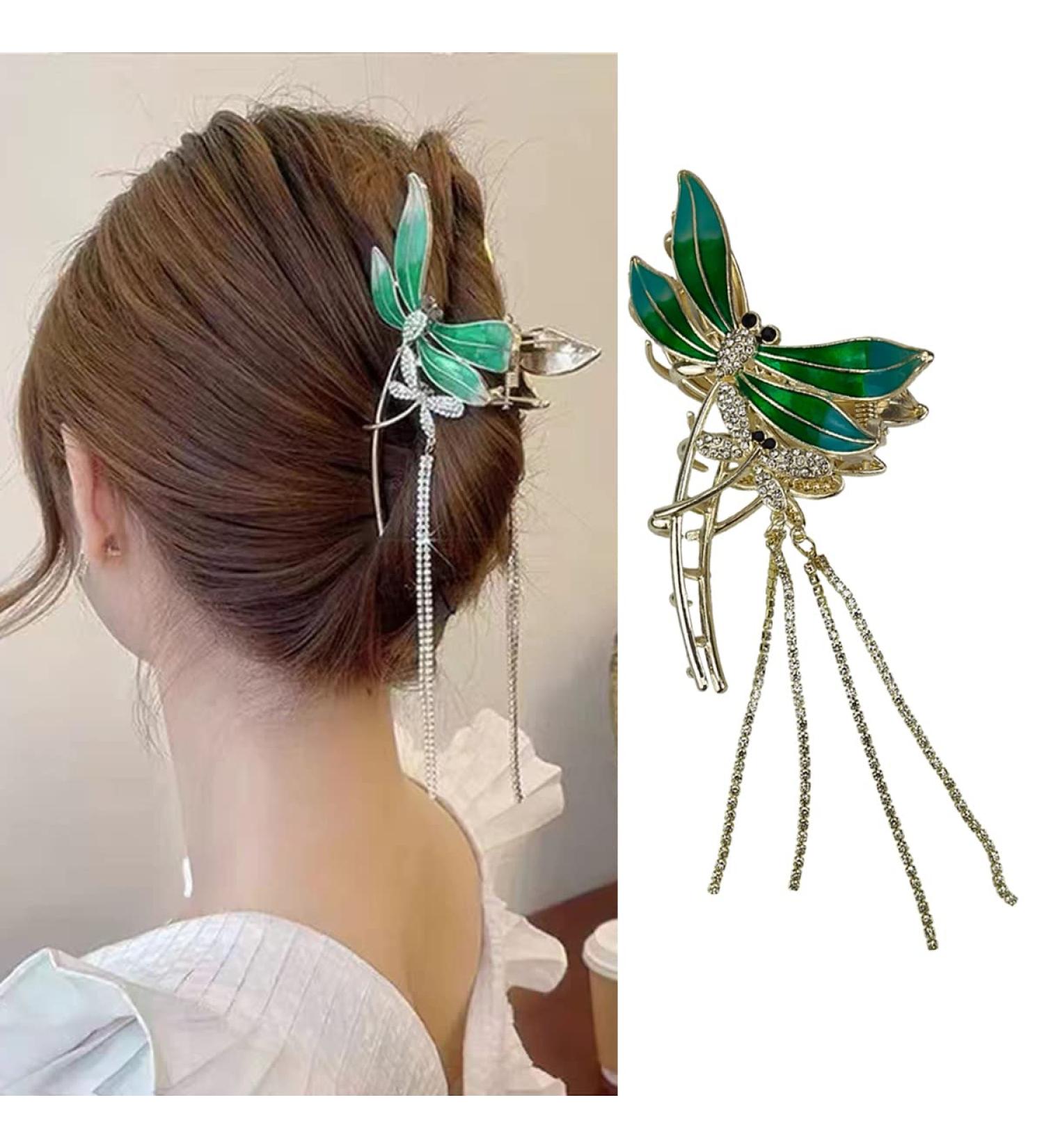 Green Dragonfly Tassel Hair Claw Clip - Rhinestone Design Barrette for Women & Girls - Buy Online on GoSupps.com