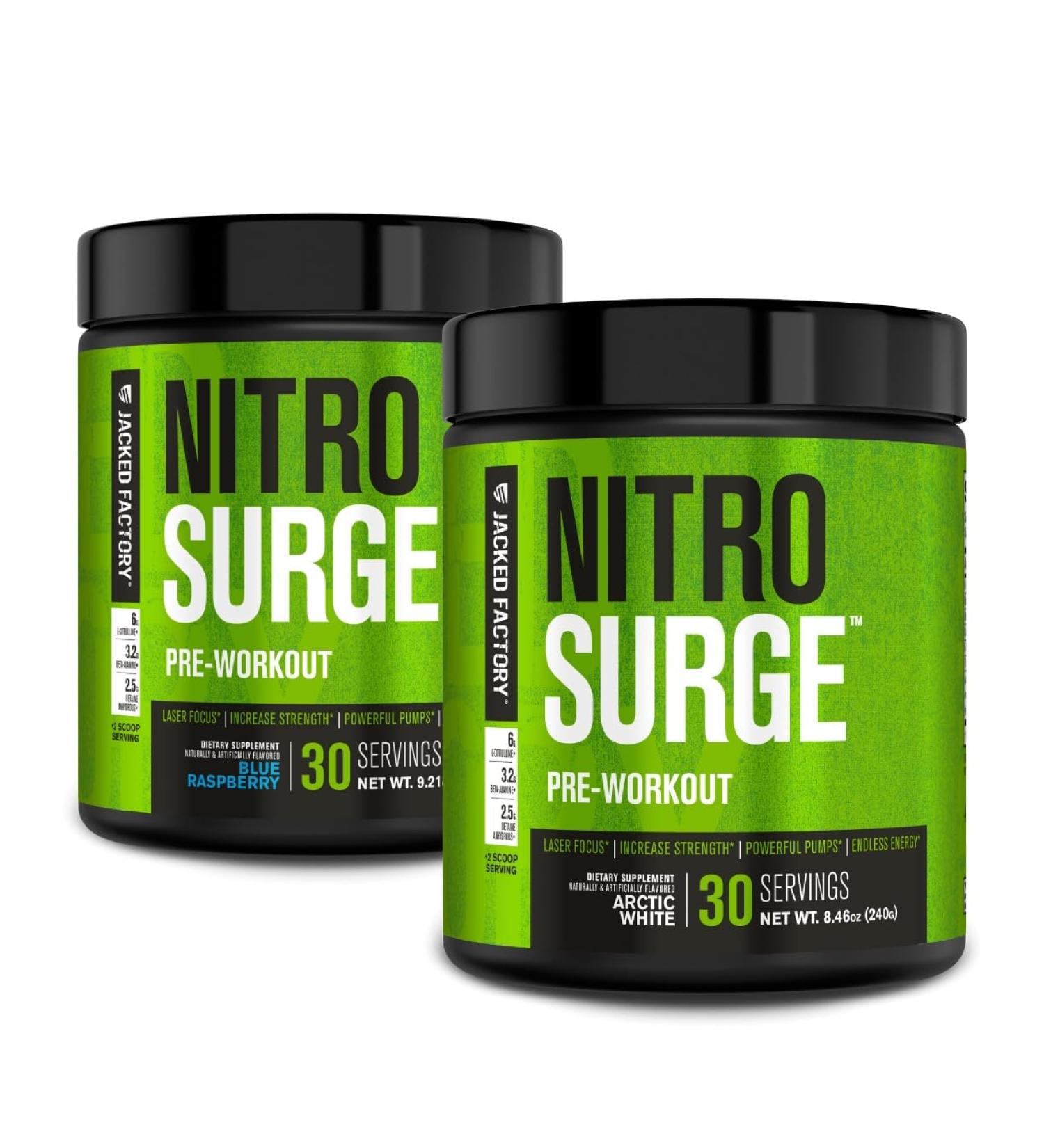 Jacked Factory NITROSURGE Pre Workout Supplement for Energy Instant Strength Gains Clear Focus & Intense Pumps (Blue Raspberry 30 Servings & Arctic White 30 Servings) - Buy Online on GoSupps.com