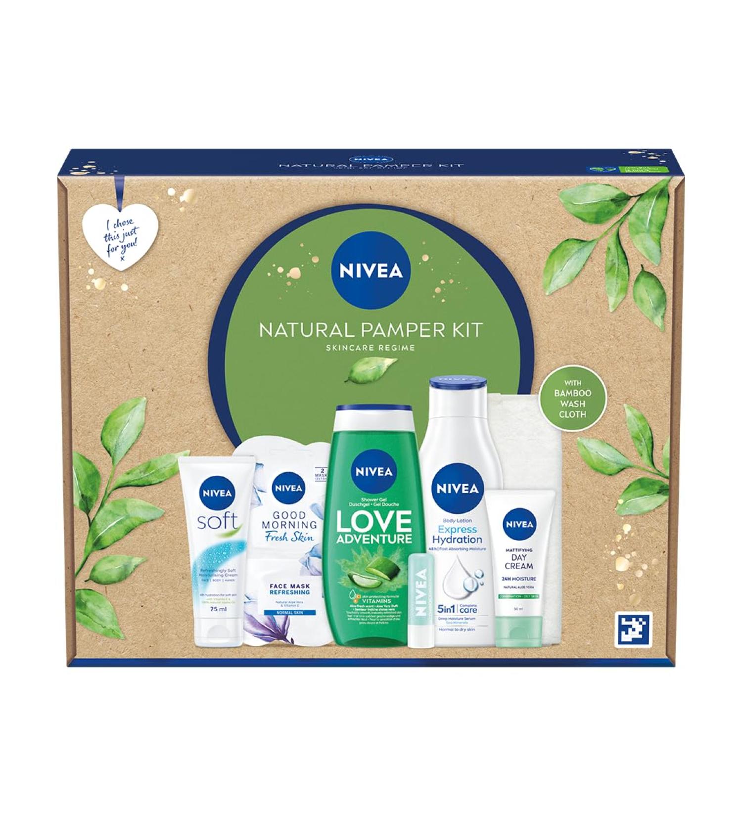 NIVEA Natural Pamper Kit - Skincare Regime Gift Set for Women | Shower Gel, Day Cream, Face Mask, Body Lotion, Lip Scrub, Moisturizer, Face Cloth - Buy Online on GoSupps.com