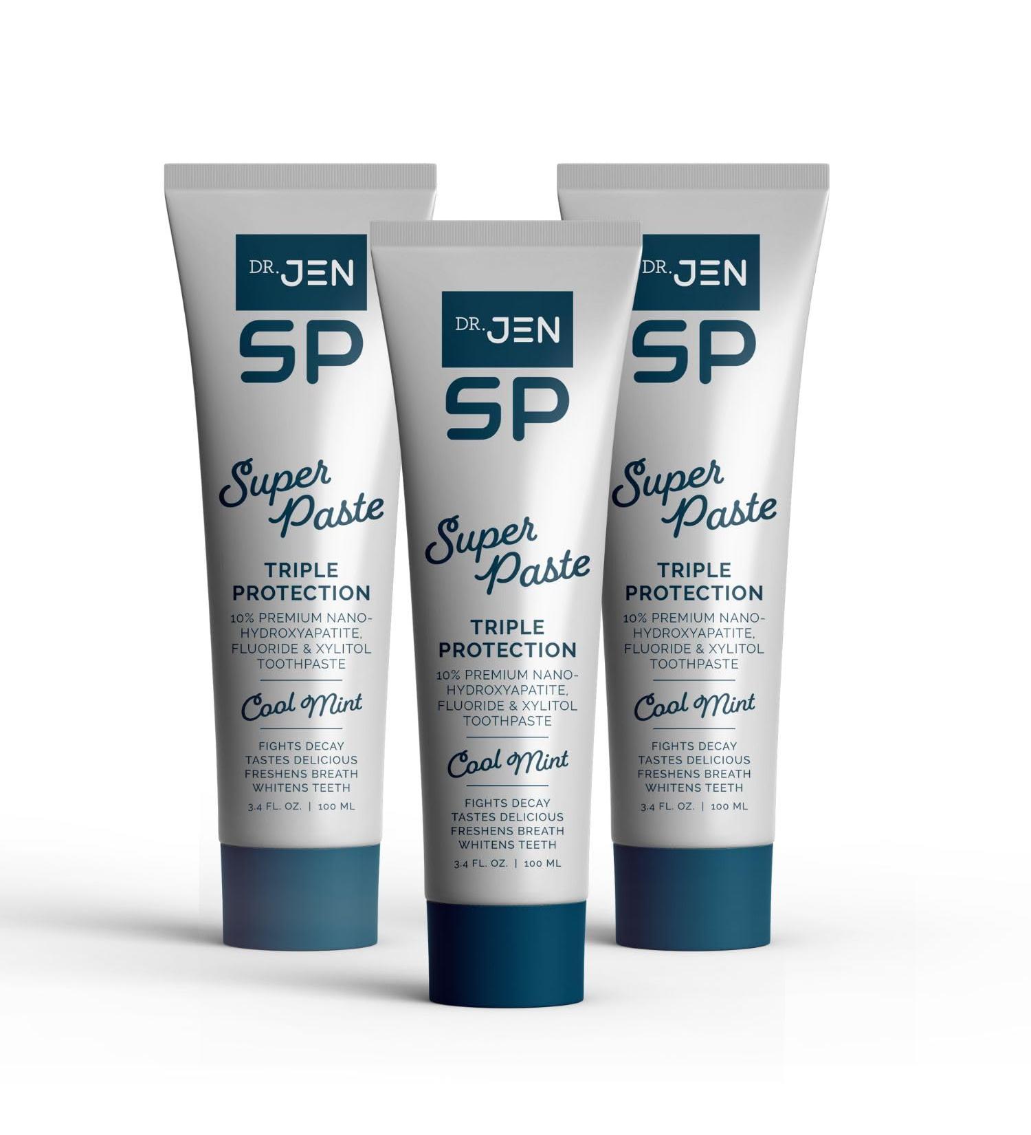 Dr. Jen Super Paste/Toothpaste with Fluoride +10% Nano-Hydroxyapatite Travel Toothpaste for Teeth Whitening & Sensitive Teeth Care (Pack of 3 Cool Mint) Mint 3.4 Ounce (Pack of 3)