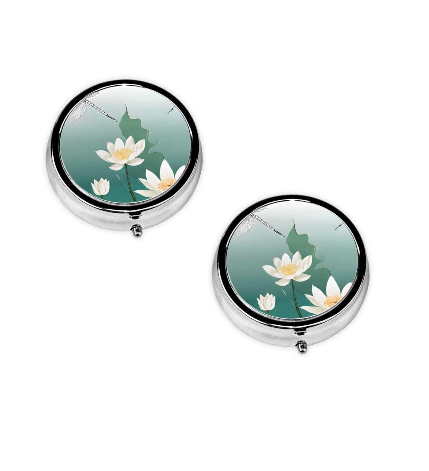 Dragonfly & Water Lily Mini Round Pill Box | 3 Compartment Travel Organizer | Portable Medicine Case for Home & Office - Buy Online on GoSupps.com