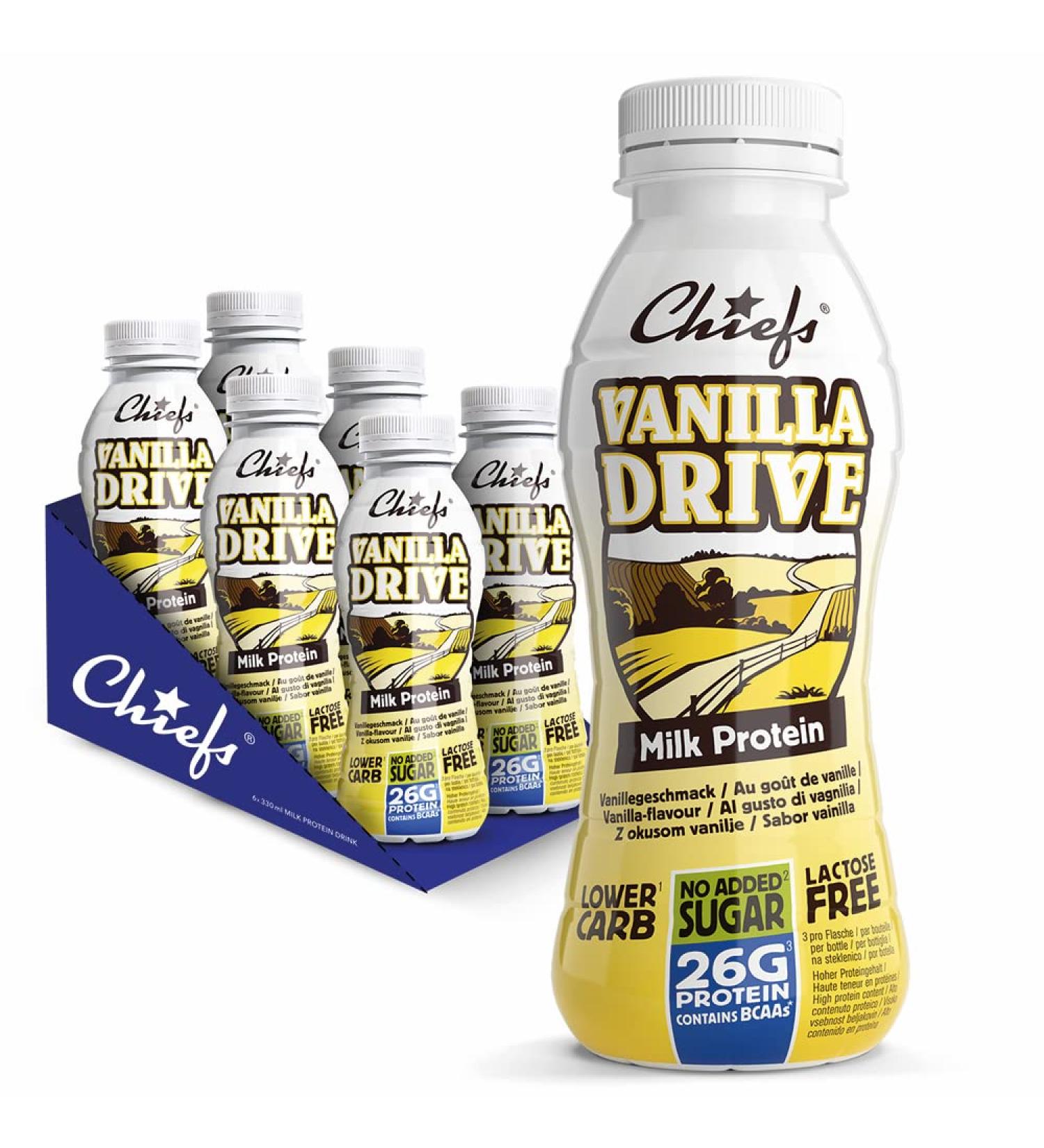 Chiefs Milk Protein Drink - 26g Protein BCAA Low Carb Lactose Free Low Sugar | 6 x 330ml Vanilla - International Shipping Available - Buy Online on GoSupps.com