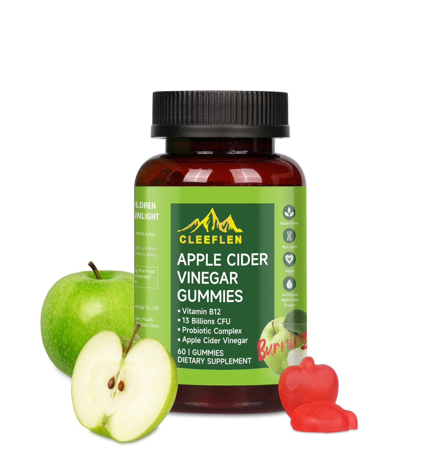 CLEEFLEN Apple Cider Vinegar Gummies with Vitamin B12 and Probiotics Supports Digestive Health Detox Cleanse Immune Boost Gluten-Free Suitable for Vegetarians 60 Gummies  - Buy Online on GoSupps.com