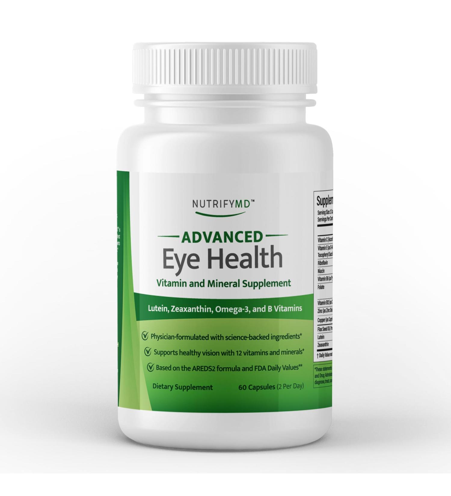 NutrifyMD Advanced Eye Health Vitamin and Mineral Supplement with Lutein Zeaxanthin Omega-3 and B Vitamins - 60 Capsules - Buy Online on GoSupps.com
