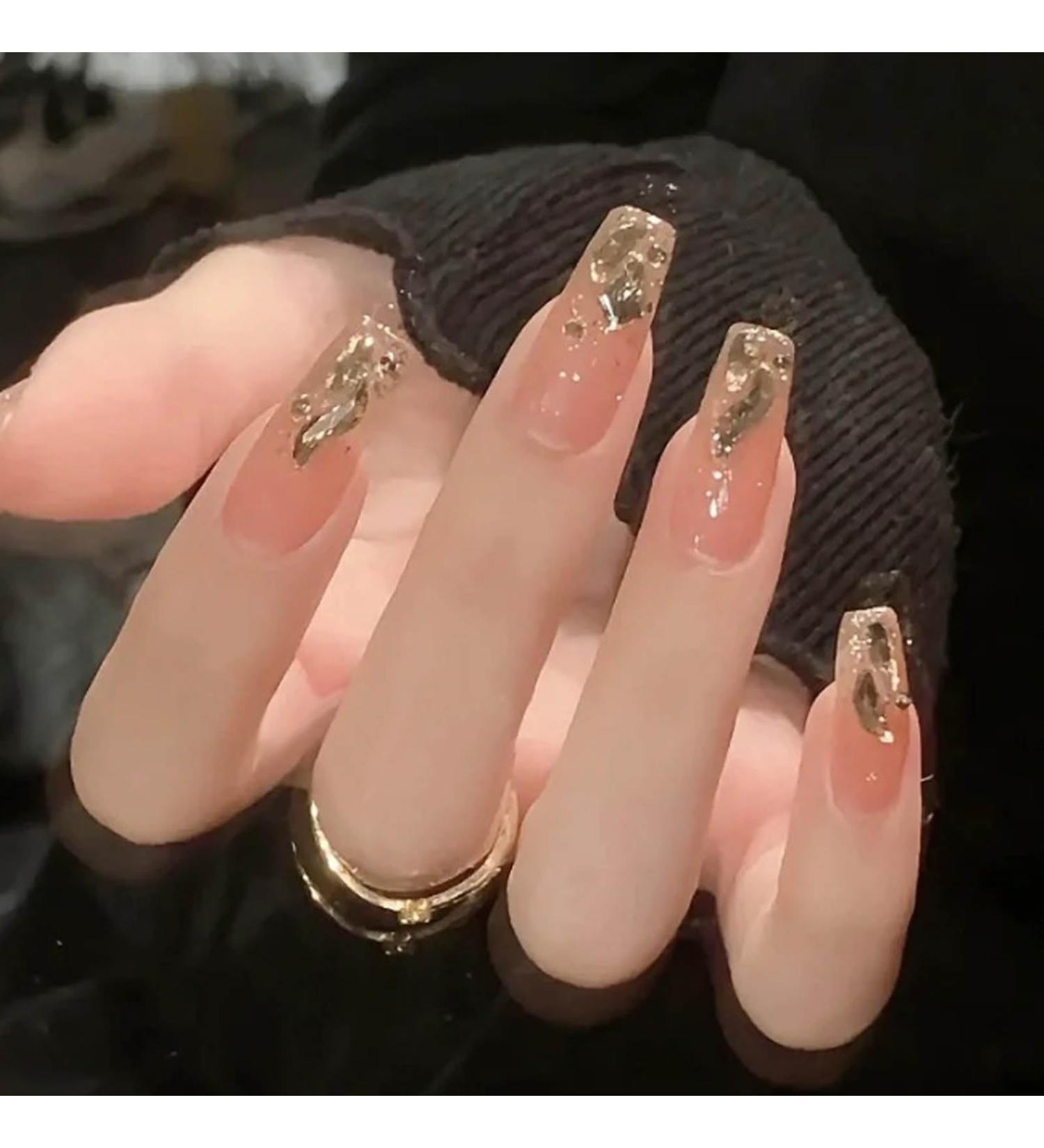Bling Coffin Press On Nails - Full Cover Medium Fake Nails for Women & Girls | 24PCS Gold Gradient Tips - Buy Online on GoSupps.com