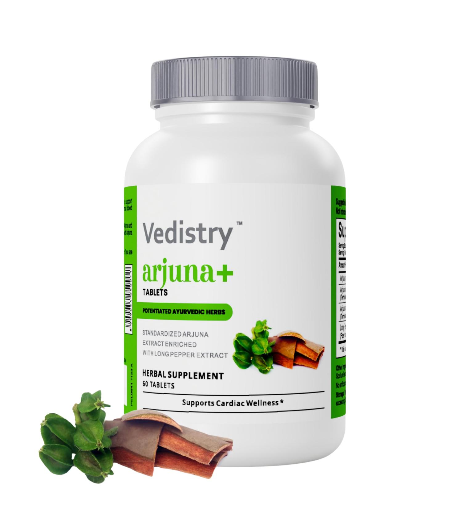 Vedistry Arjuna Bark Extract Supplement | 1100mg Arjuna Tablets with Long Pepper for Heart Health & Blood Pressure Support | Organic & Vegan Herbal Cardiovascular Supplement | 60 Arjuna Tablets - Buy Online on GoSupps.com