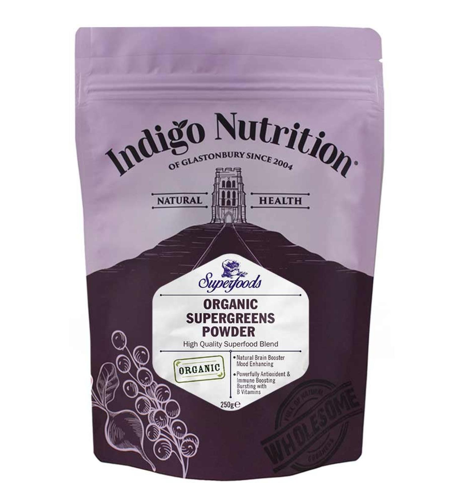 Indigo Herbs Organic Super Greens Powder 250g - Vitamin & Mineral Rich Blend with Moringa, Spirulina, Chlorella, Wheatgrass, Barley Grass - 250g (1 Pack) - Buy Online on GoSupps.com