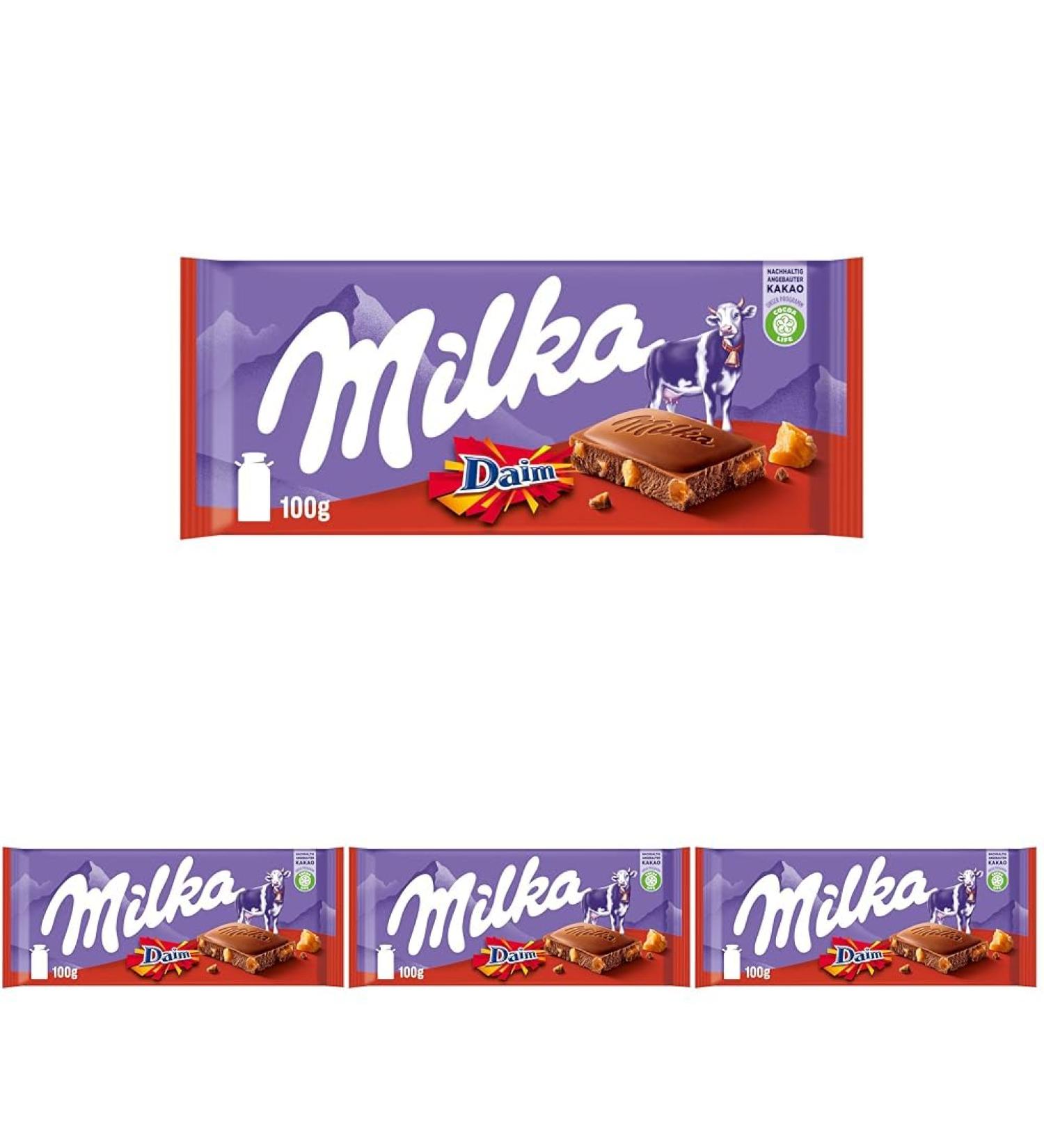 Milka Daim Chocolate with Daim Pieces Alpine Milk Chocolate with Almond Caramel Pieces - Pack of 4  - Buy Online on GoSupps.com