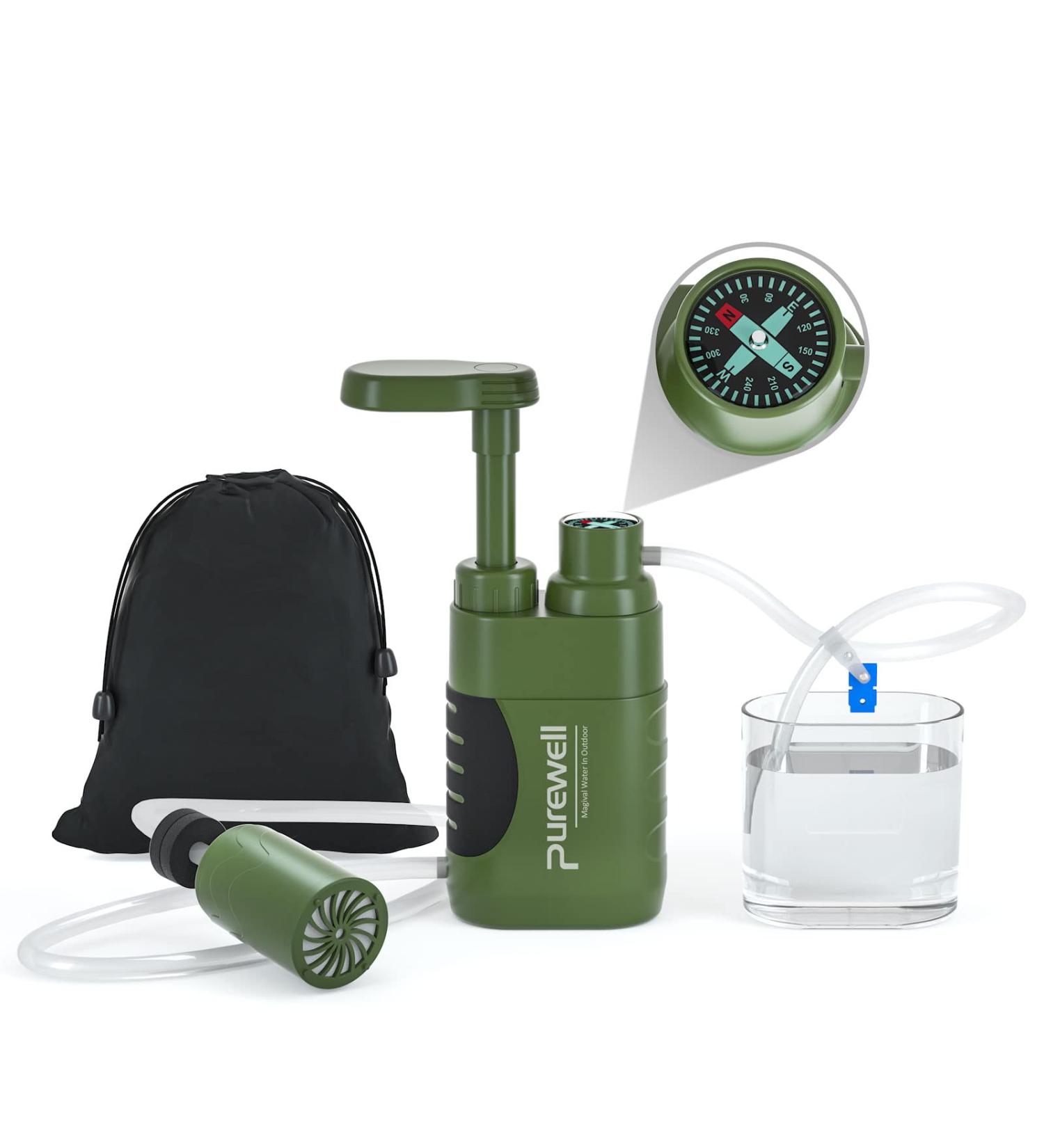 Purewell Water Purifier Pump with Replaceable 0.01 Micron Carbon Filter - 4 Stage Filtration for Camping, Hiking, Backpacking - Portable Outdoor Emergency Gear - Buy Online on GoSupps.com