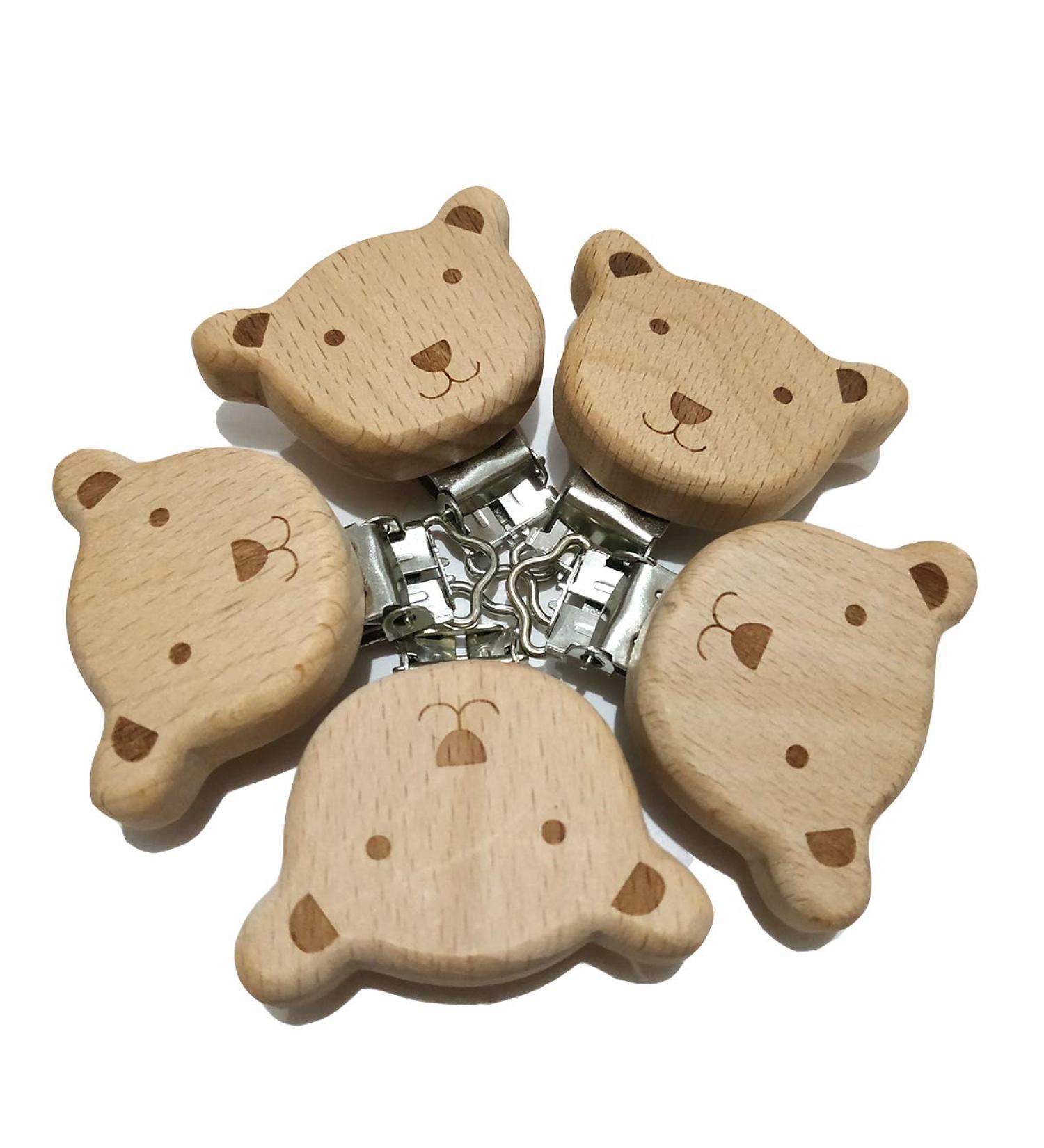 5pcs Natural Beech Wood Animal Pacifier Clips | DIY Grasping Toy & Chain Clips | Bear Design - Buy Online on GoSupps.com