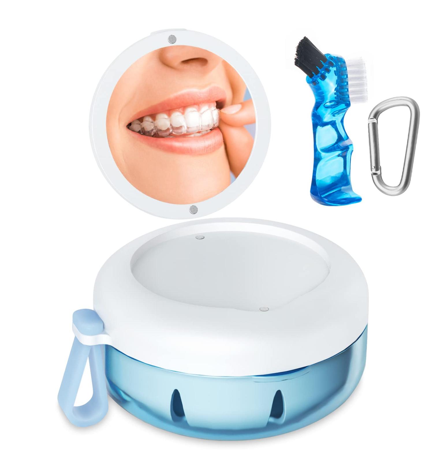 Denture Bath Case with Leak Proof Portable Cup | Denture Cleaning Kit with Brush, Carabiner, Strainer & Mirror | Blue Retainer Case for Aligner, Mouth Guard - Buy Online on GoSupps.com