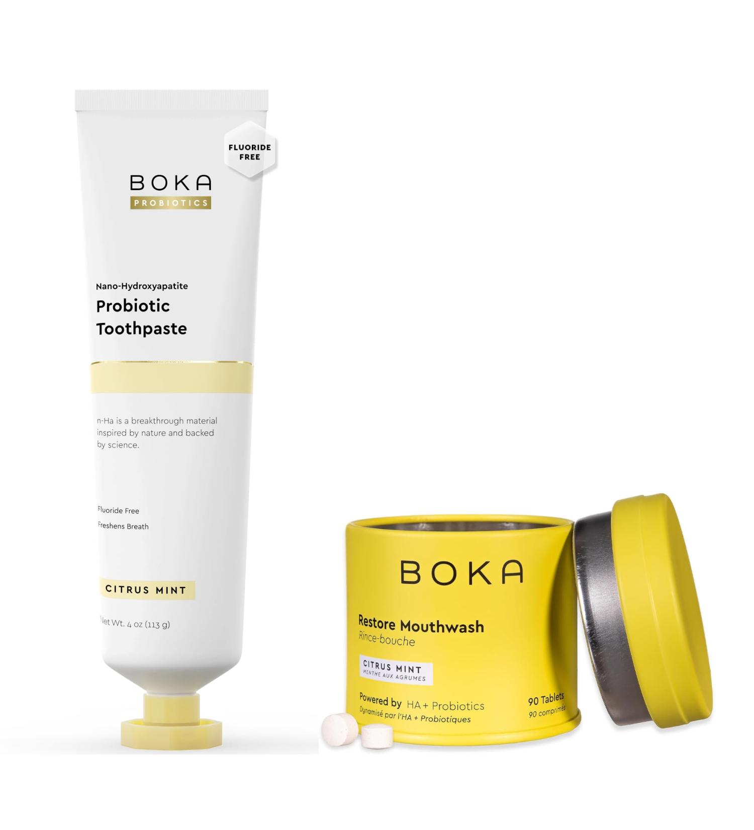 Boka Fluoride Free Probiotic Toothpaste Citrus Mint 4 Fl Oz and Travel Size Mouthwash Tablets Citrus Mint 1pack 90 pcs, Appropriate for Sensitive Teeth, Freshens Breath Bundle - Buy Online on GoSupps.com