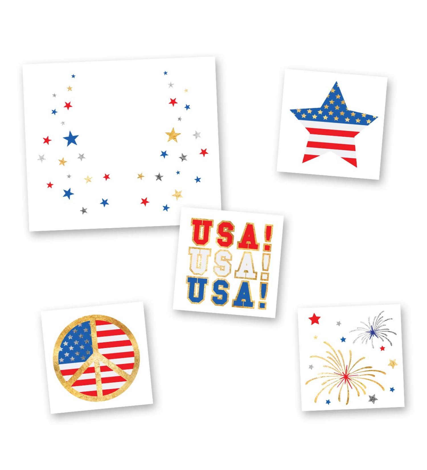 Fourth of July Variety Set - 25 Premium Waterproof Metallic Temporary Flash Tattoos for Labor Day, Memorial Day, Independence Day, USA - Blue/Red/Gold Party Favors - Buy Online on GoSupps.com