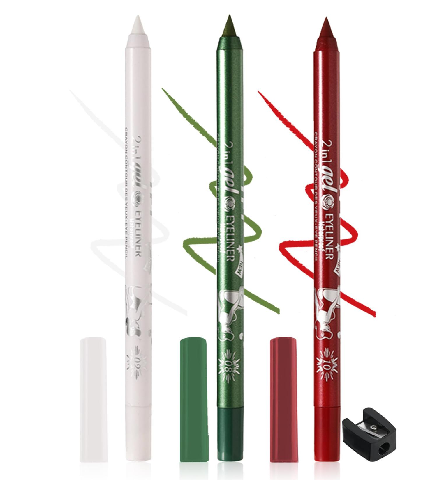 White Green Red Colored Eyeliner Pencil Set-3Pcs Multi-Use Gel Eye Liner Eyeshadow Pen Waterproof Smudgeproof Long Lasting Water Line Pencil Professional Eye Makeup Kit for Women with Sharpener 02 White +08 Green +10 Red - Buy Online on GoSupps.com