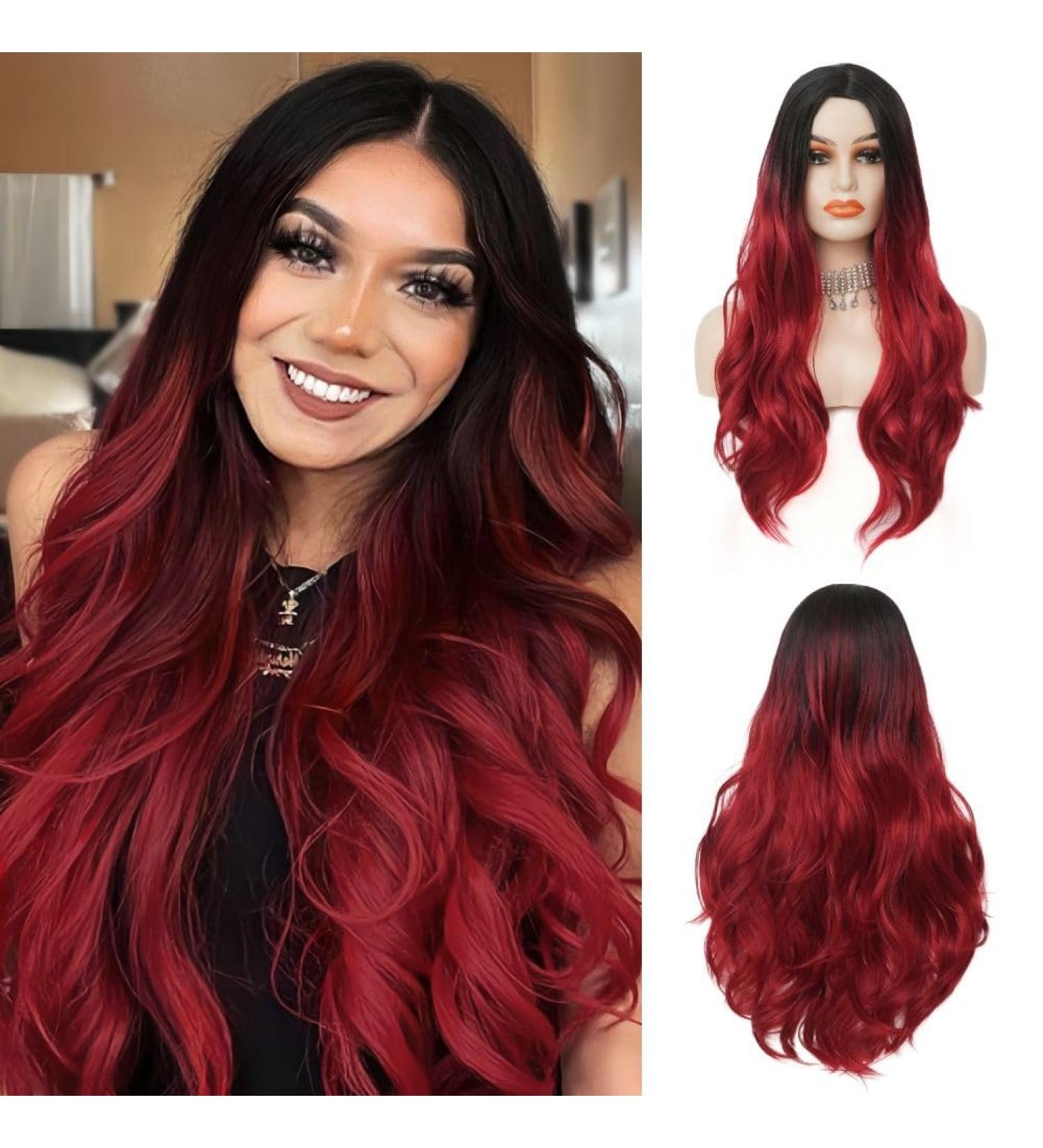 Siudus Women s Red Long Curly Wavy Wig Natural Ombre Black to Red Middle Part Hair for Halloween & Cosplay - Buy Online on GoSupps.com