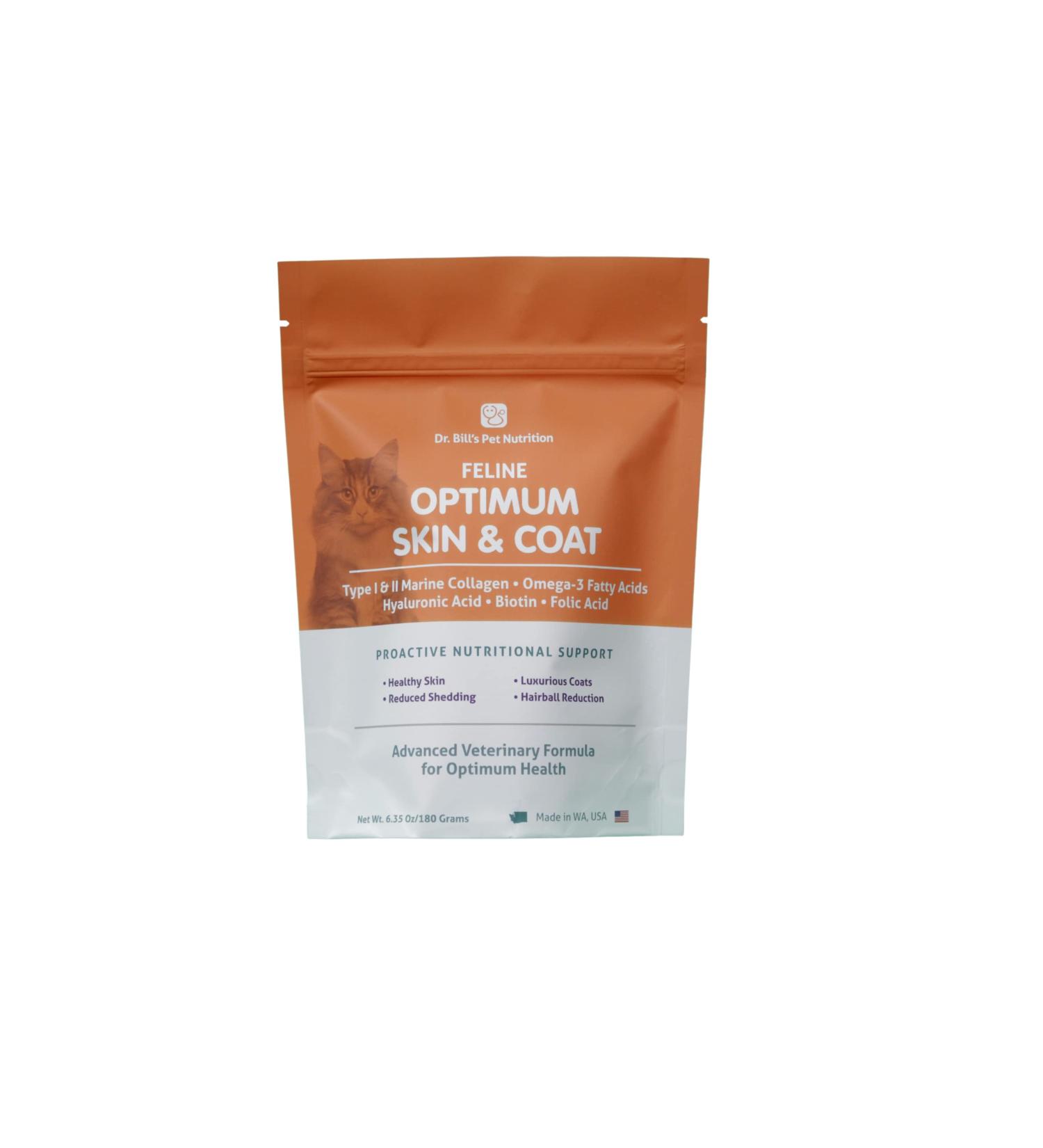 Feline Optimum Skin & Coat (180g) - Reduce Shedding and Hairballs for Healthy Fur | Biotin, Marine Collagen, Omega-3, Hyaluronic Acid, Folic Acid - Buy Online on GoSupps.com
