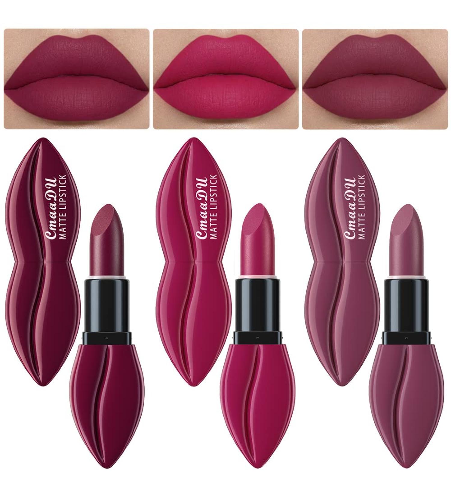 3Pcs Dark Purple Rose Red Mauve Matte Velvet Lipstick Set | Long-Lasting, Waterproof & Smudge-Proof | 24-Hour Wear | Lip Stain Makeup Set for Women - Buy Online on GoSupps.com