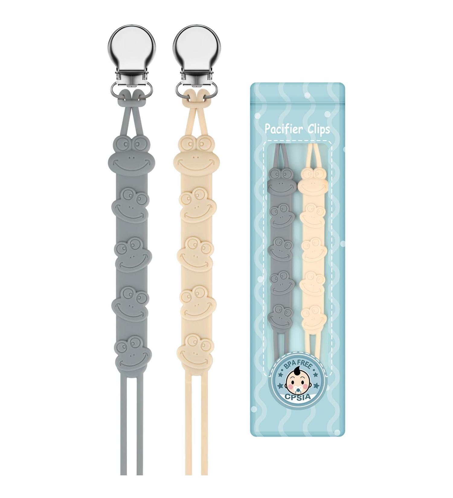 Yolnkos Silicone Frog Pacifier Clips for Baby Girls - 2-Pack Beige & Gray - Cute Clips Dummy Holder for Baby Showers - Buy Online on GoSupps.com