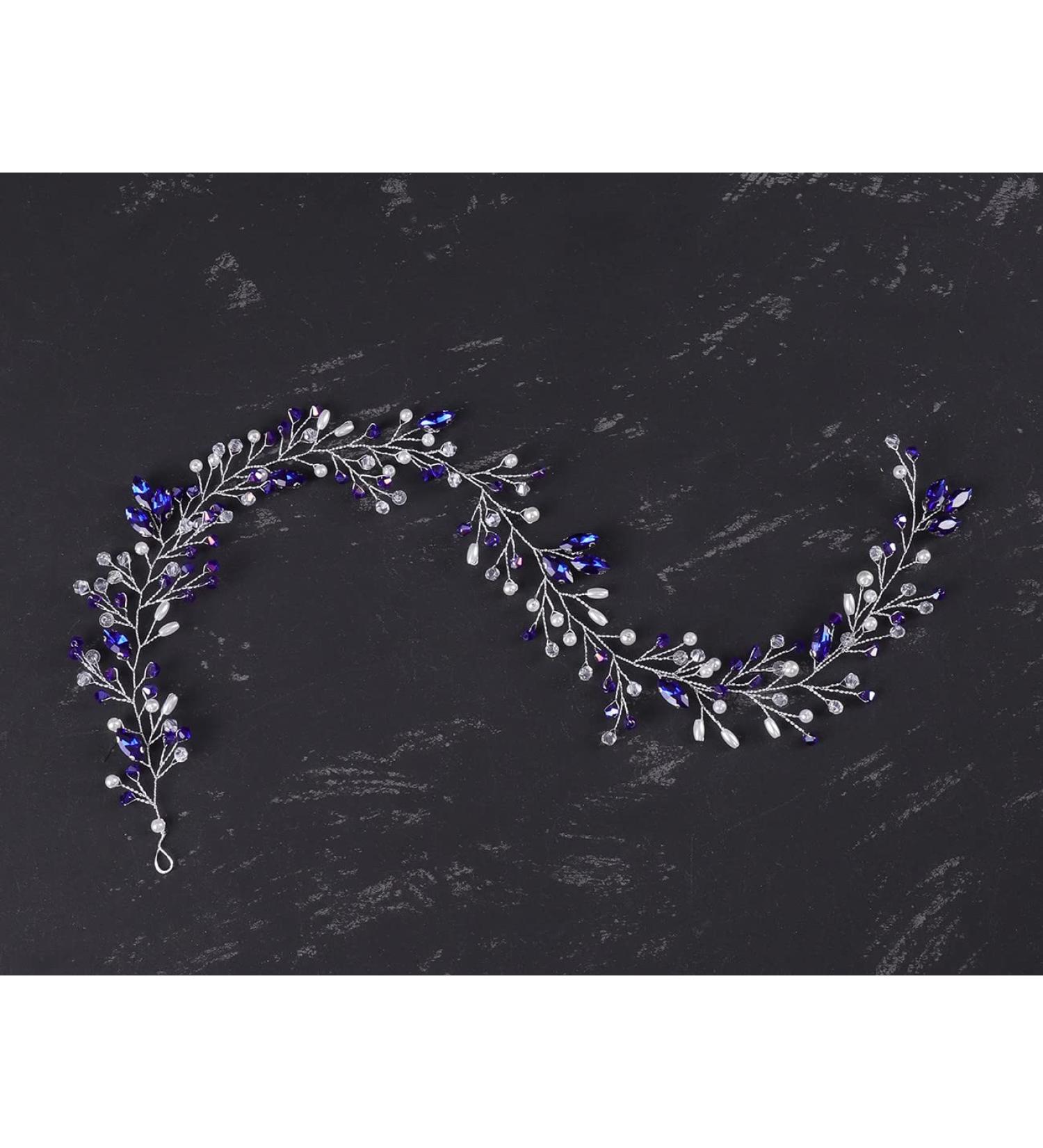 Wedding Crystal Hair Vine Silver Bridal Headband with Blue Rhinestone Pearl - Bridal Headpiece for Brides & Bridesmaids - Buy Online on GoSupps.com