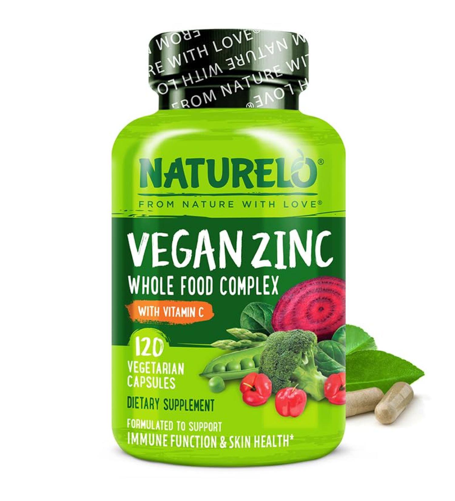 NATURELO Vegan Zinc Immune Support Capsules - Whole Food Complex with Vitamin C for Healthy Skin Hair and Nails - 120 Capsules Unflavored 120 Count (Pack of 1) - Buy Online on GoSupps.com