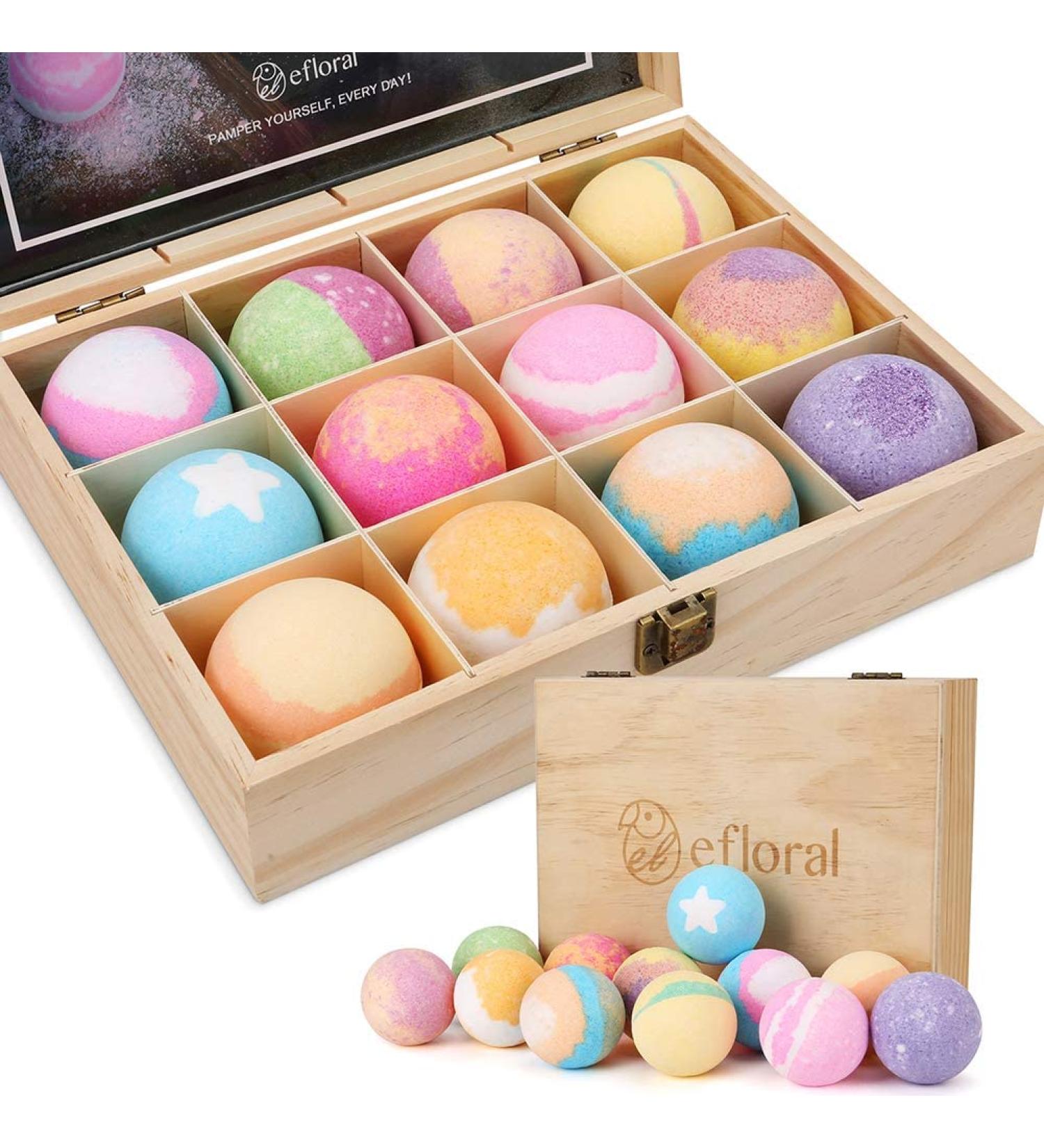 efloral 12pcs Bath Bombs Gift Set Retro Wooden Box | 4.2oz Natural Fizzy Spa moisturizes dry skin | Mixed Color Large Organic Relaxation Bubble Bath - Buy Online on GoSupps.com