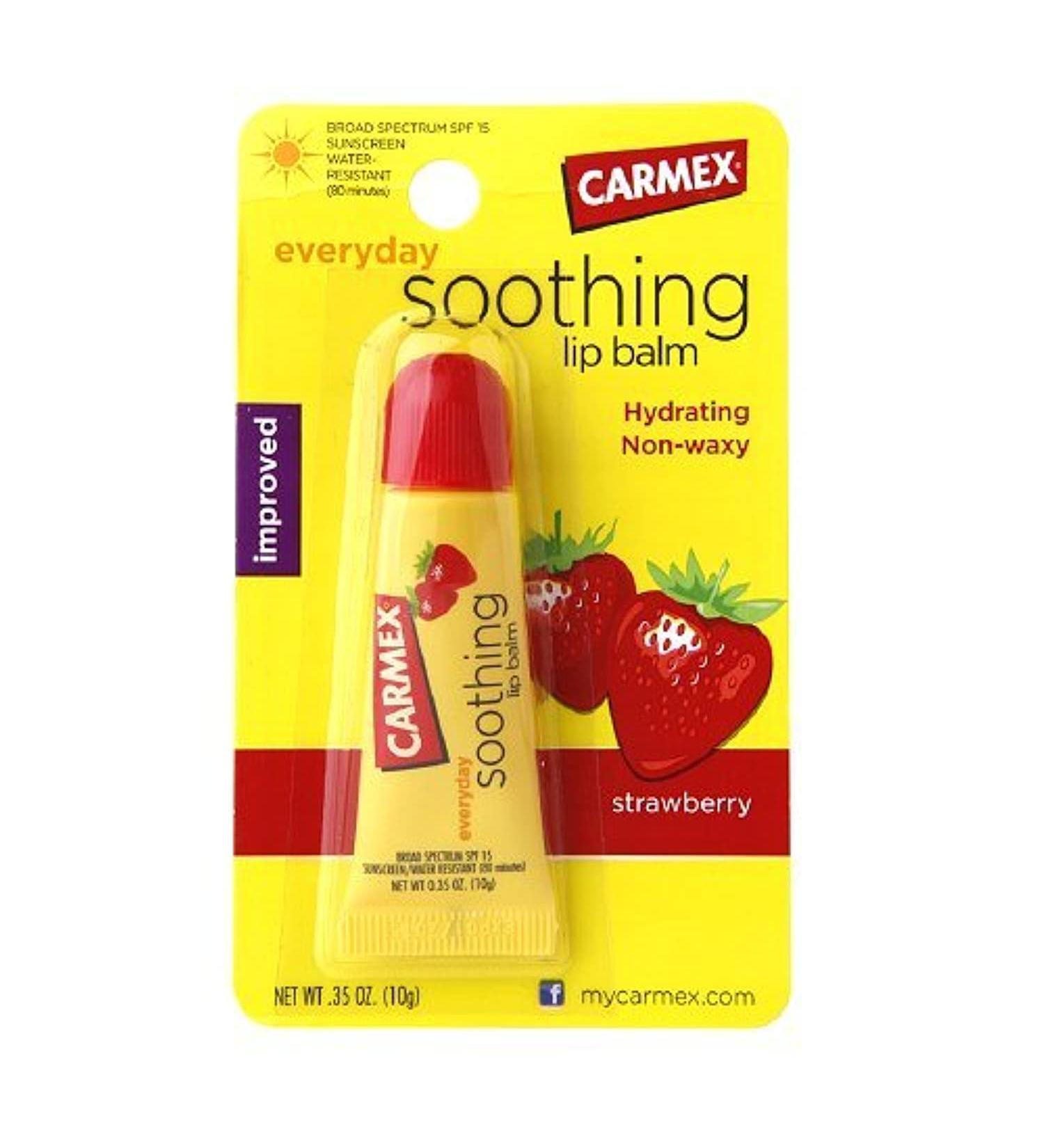 Carmex Strawberry Flavor Everyday Soothing Lip Balm SPF 15 Tube 0.35 oz (Pack of 3) 0.35 Ounce (Pack of 3)