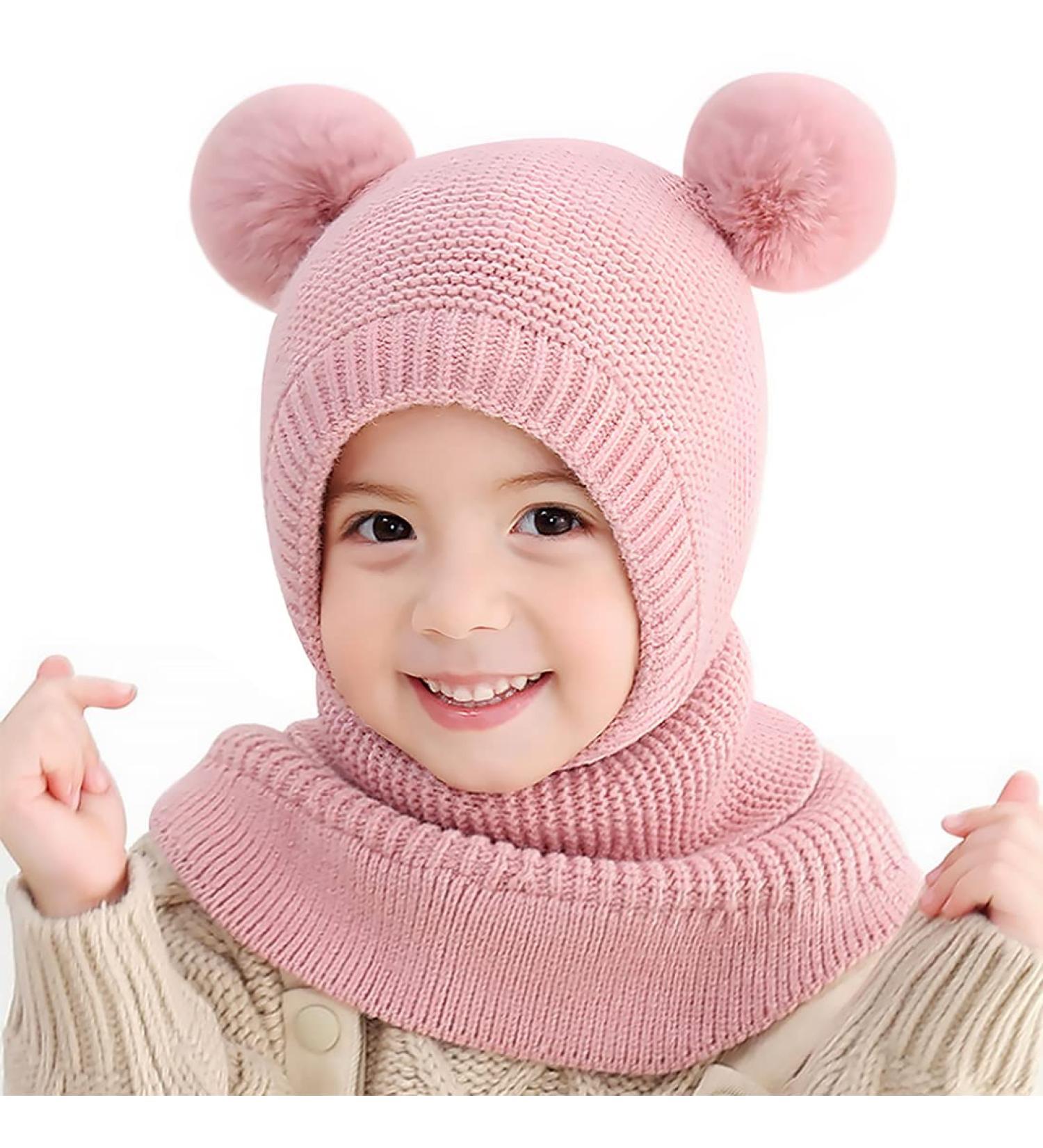 Mamunu Girls Winter Hat - Cute Pink Knit Beanie with Pompom & Fleece Lining for Ages 2-5 - Warm Shawl Cap for Children - Buy Online on GoSupps.com