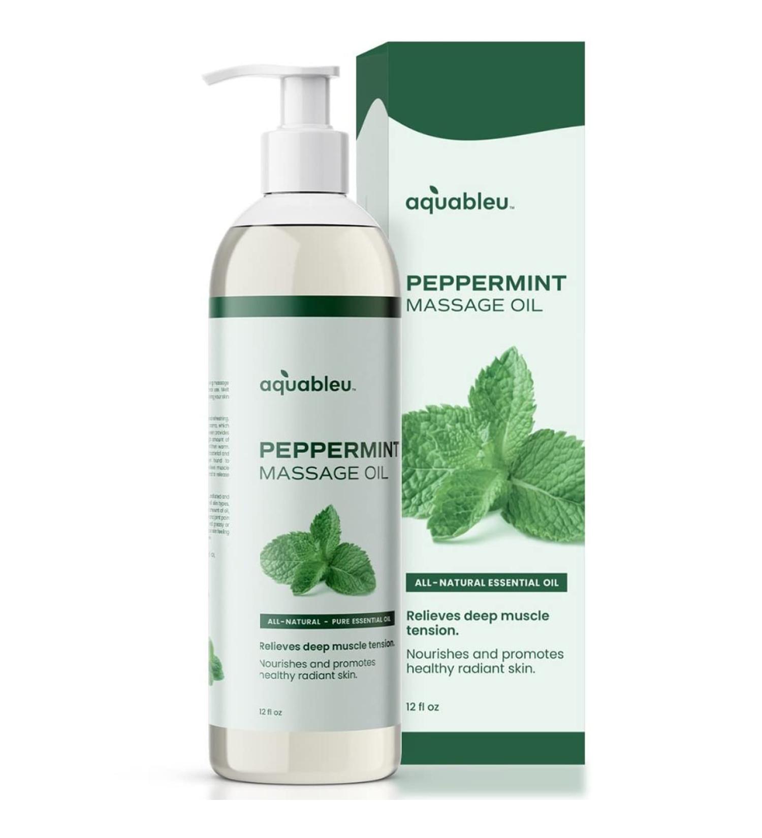Aquableu Peppermint Massage Oil 12oz - Relieves Muscle Tension, Soothes Headaches, Cooling & Non-Greasy - All-Natural Ingredients - Home Massage Therapy for Men and Women - Buy Online on GoSupps.com