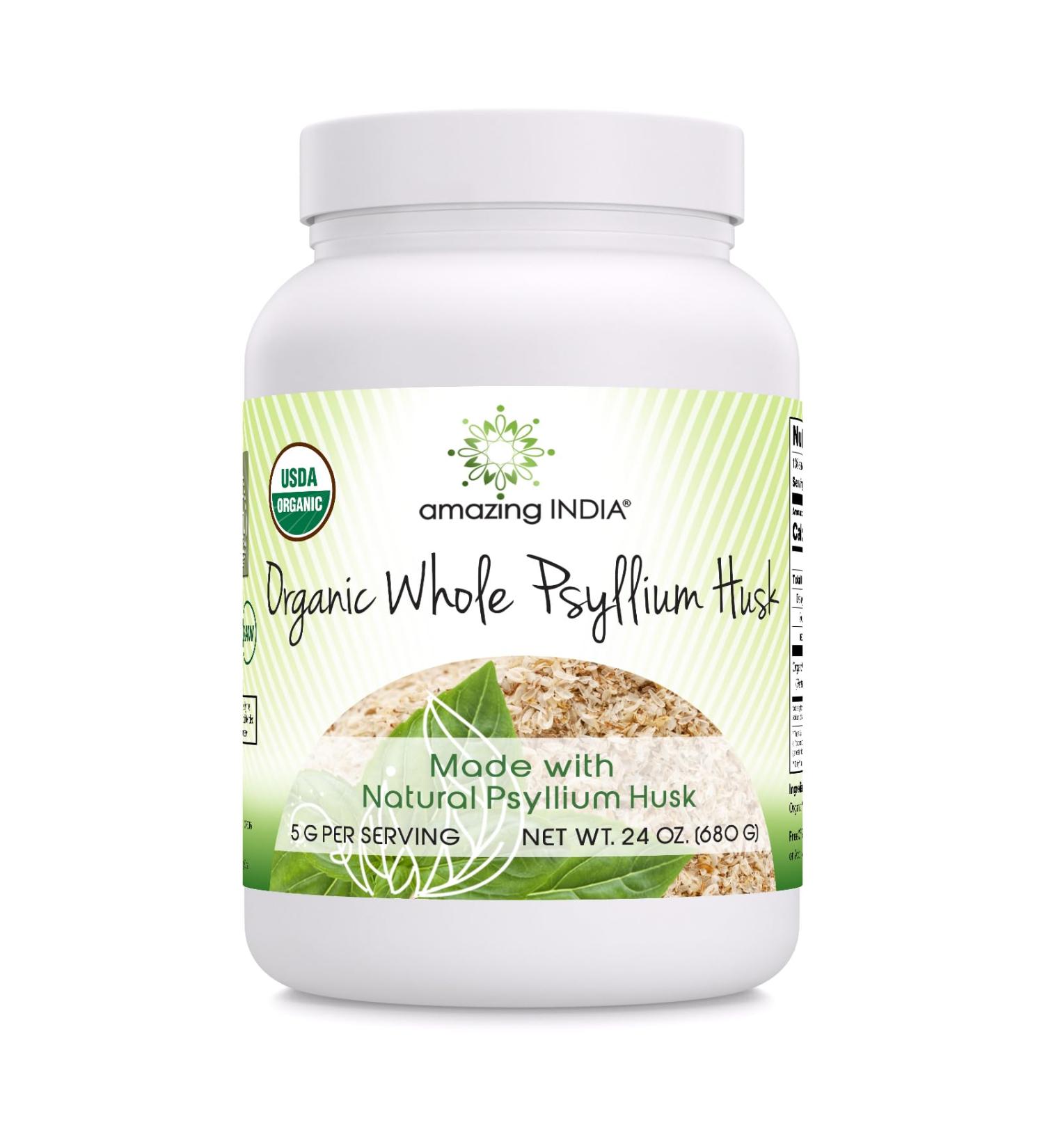 Amazing India USDA Organic Whole Psyllium Husk Powder Supplement | 5 Grams Per Serving | Non-GMO | Gluten Free | Made in USA (24 Oz | 1 Pack)