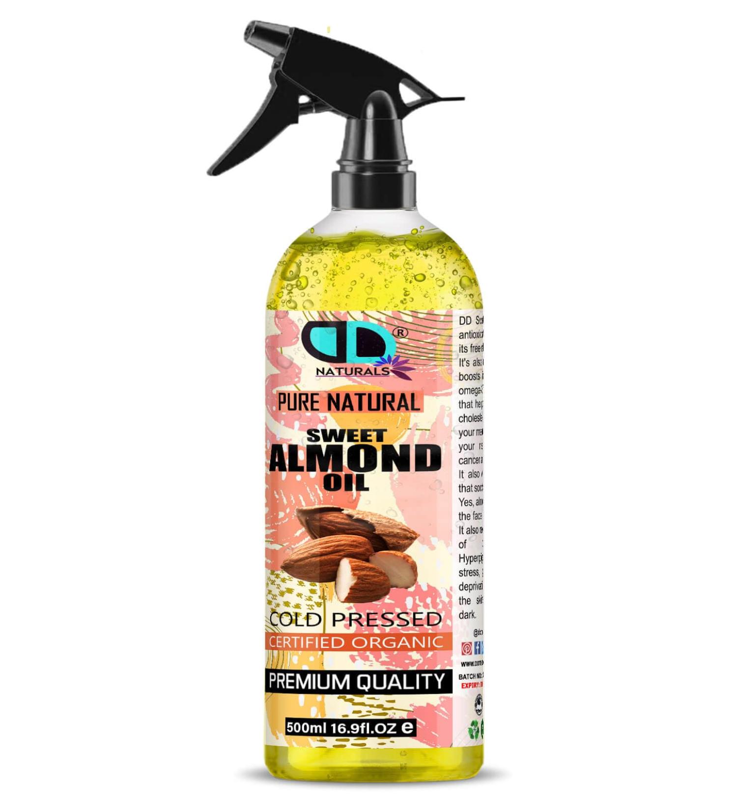 Pure Almond Oil 500ml for Aromatherapy, Massage, Moisturizing Skin and Hair, Suitable for Dry Sensitive Skin, Nails, Cuticles, Ears, Face, Body, Stretch Marks