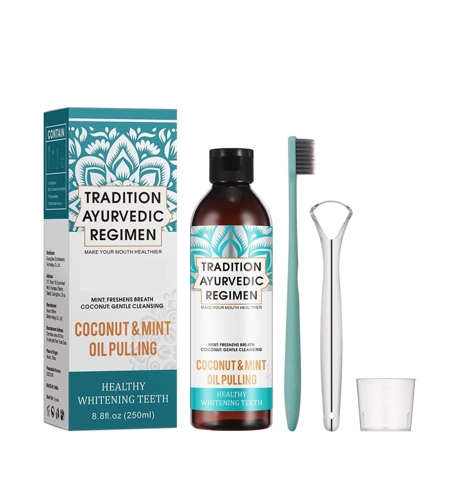 Coconut Oil Pulling Mouthwash - Mint Flavor Alcohol-Free with Tongue Scraper & Toothbrush - International Shipping Available - Buy Online on GoSupps.com