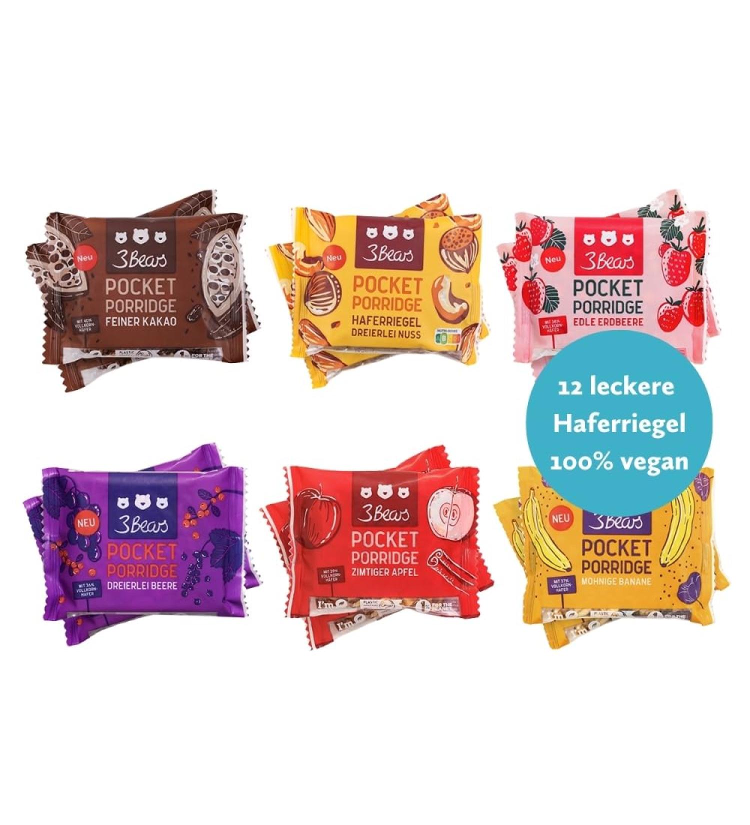 3bears Pocket Porridge Tasting Set - 12 x 55g Vegan Cereal Bars | Apple Cinnamon Berry Strawberry & Banana-Pop | International Shipping Available - Buy Online on GoSupps.com