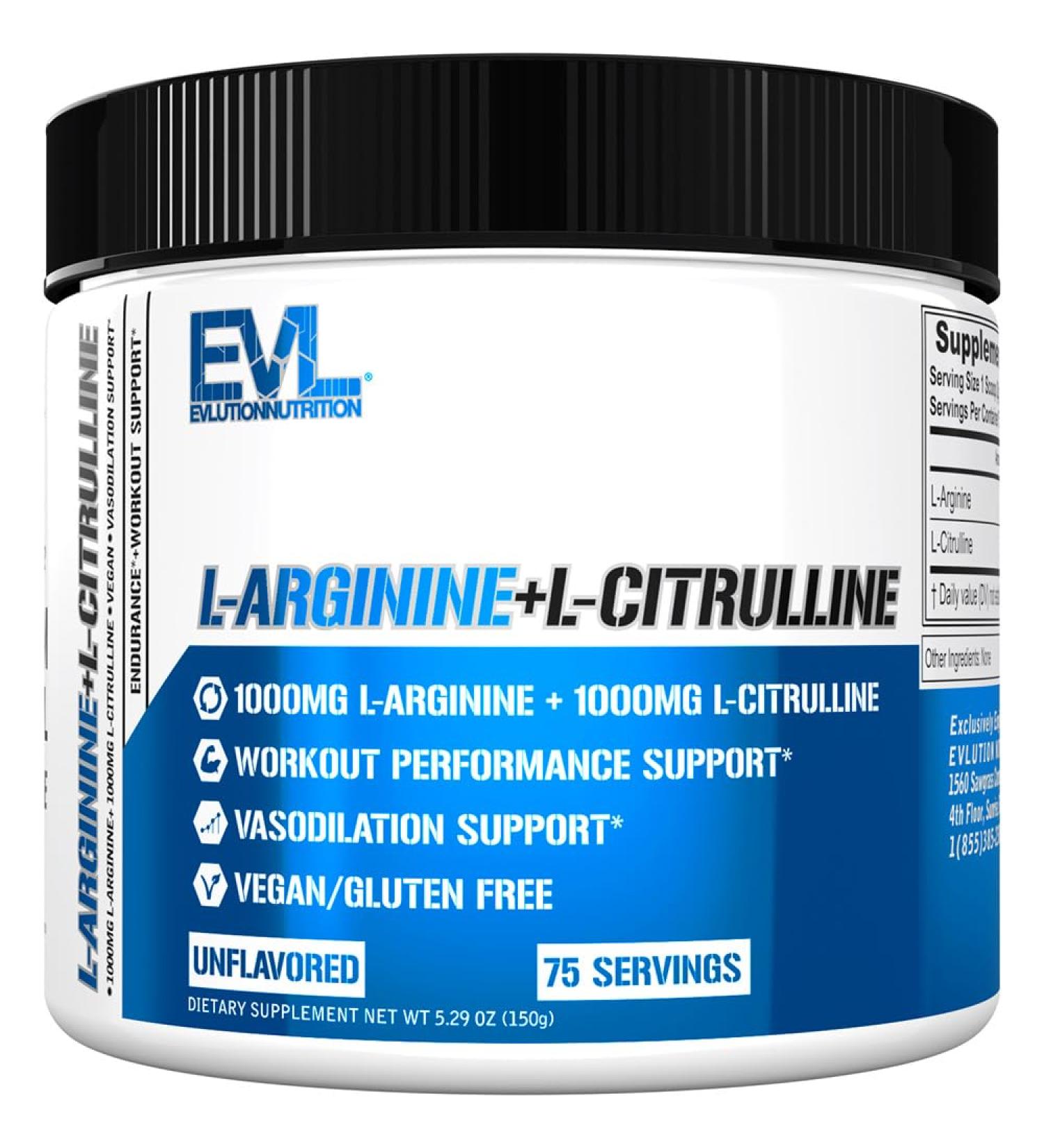 Evlution Nutrition L-Arginine + L-Citrulline - Endurance + Workout Performance Supplement - 2000mg Complex - Vasodilation + Nitric Oxide Support - Vegan + Gluten Free Powder - 75 Servings - Buy Online on GoSupps.com
