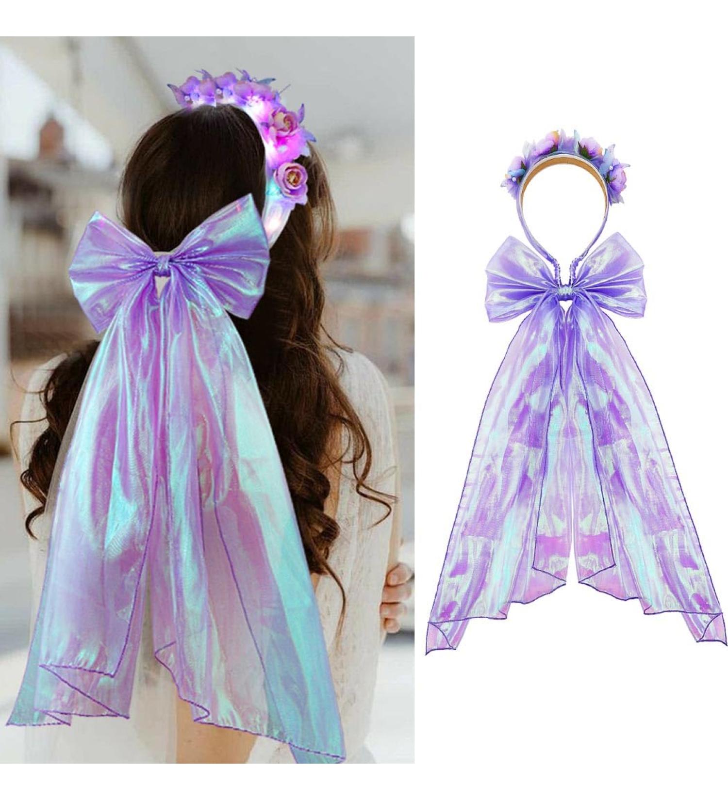 Vakkery Light Up Headband LED Glowing Flower Crown Headbands Bridal Hair Bow Veil Bachelorette Party Decoration Headpiece Wedding Festival Hair Accessories for Women and Girls - Buy Online on GoSupps.com