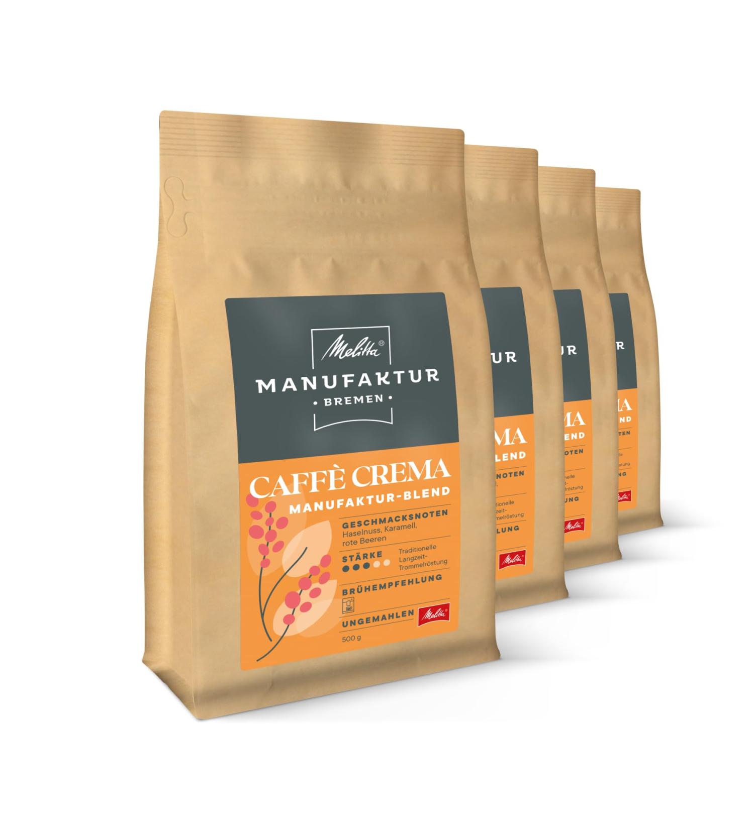 Melitta Manufaktur-Kaffee Caff Crema - 4x500g Premium Coffee Beans | Regional Blends from Brazil Colombia & Ethiopia | Roasted in Germany - Strength 3 - Buy Online on GoSupps.com